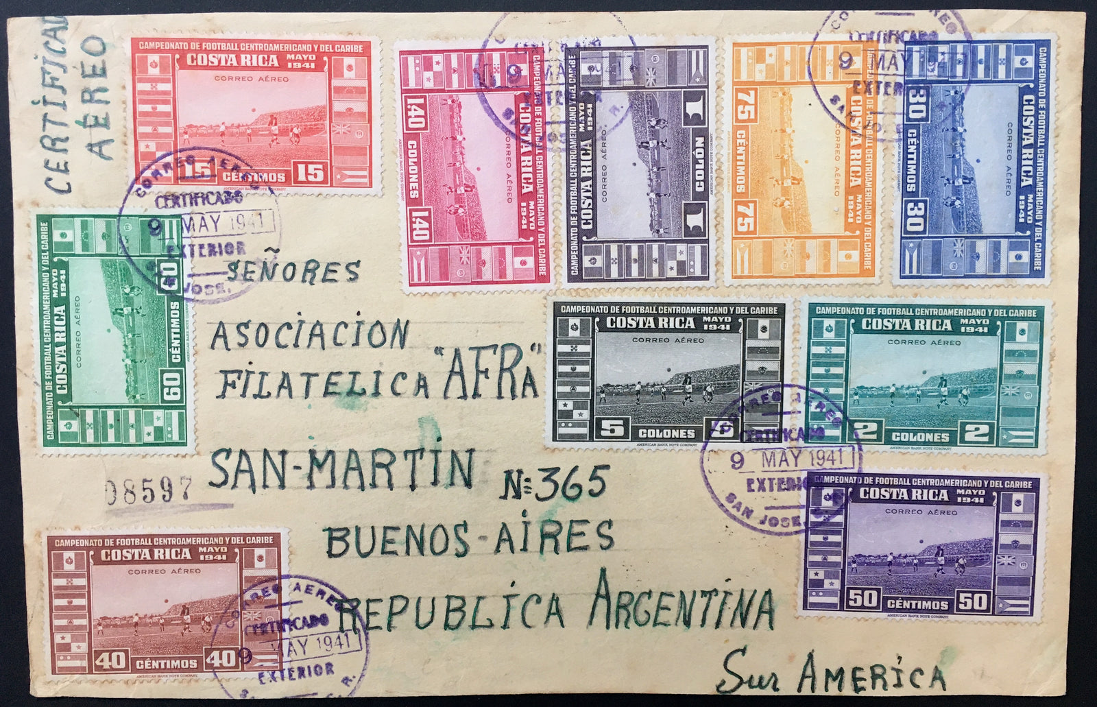 Costa Rica 1941 Soccer Championship Airmail Complete Set on Registered First Day Cover to Argentina. Scott C57-C66