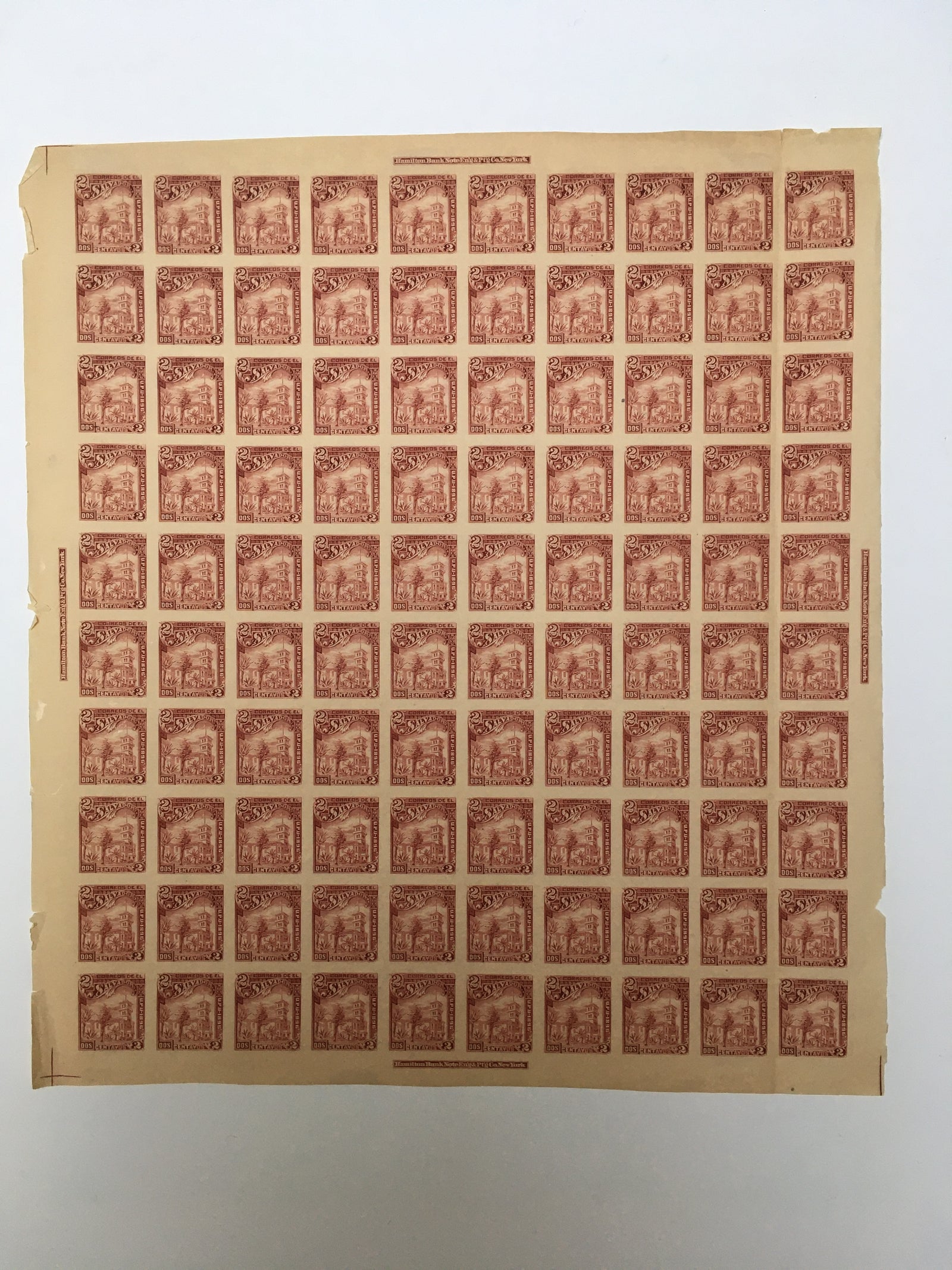 El Salvador 1896 2c Lake Plate Proof Complete Sheet MNH. Scott 147 var