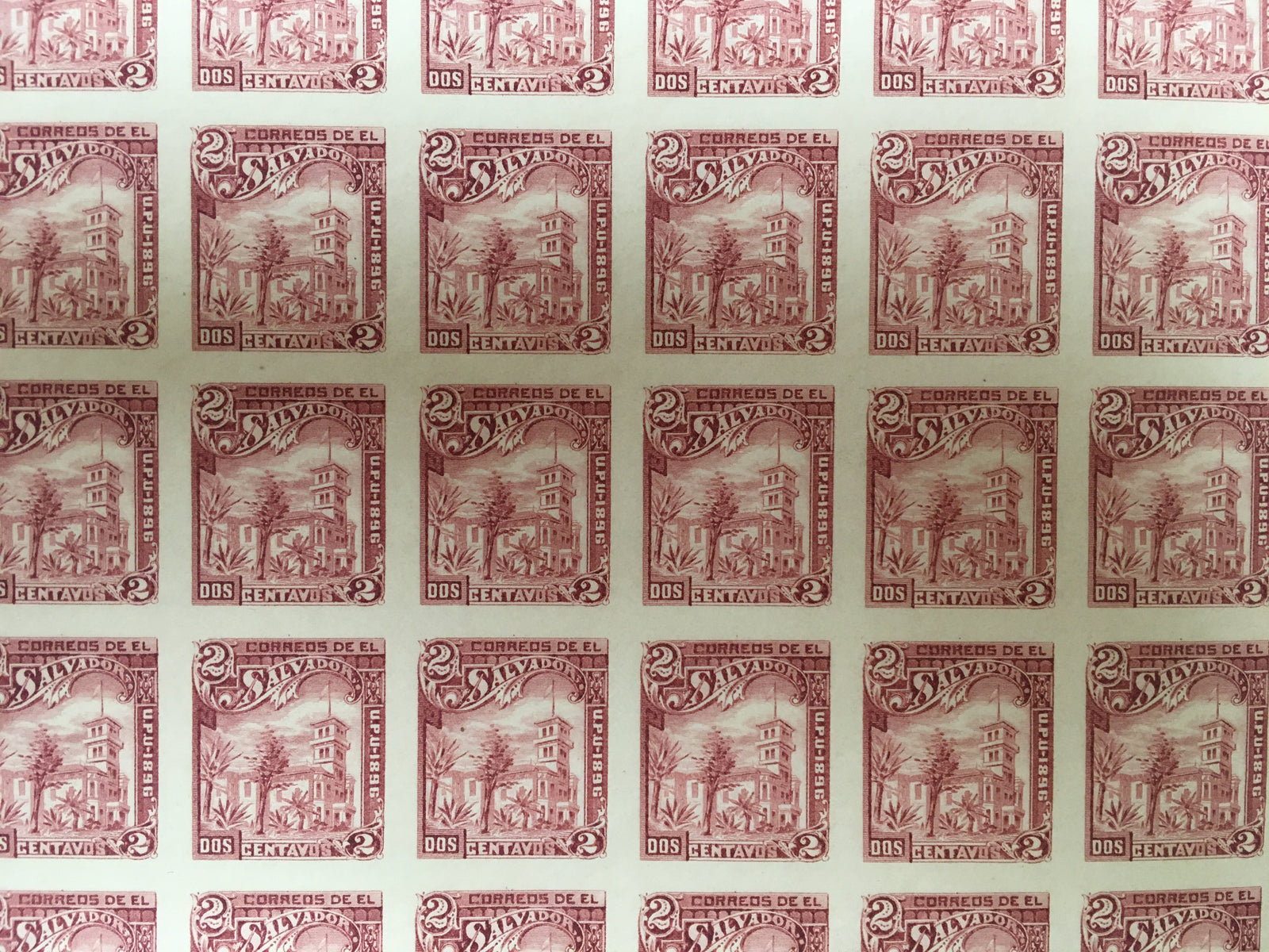 El Salvador 1896 2c Lake Plate Proof Complete Sheet MNH. Scott 147 var