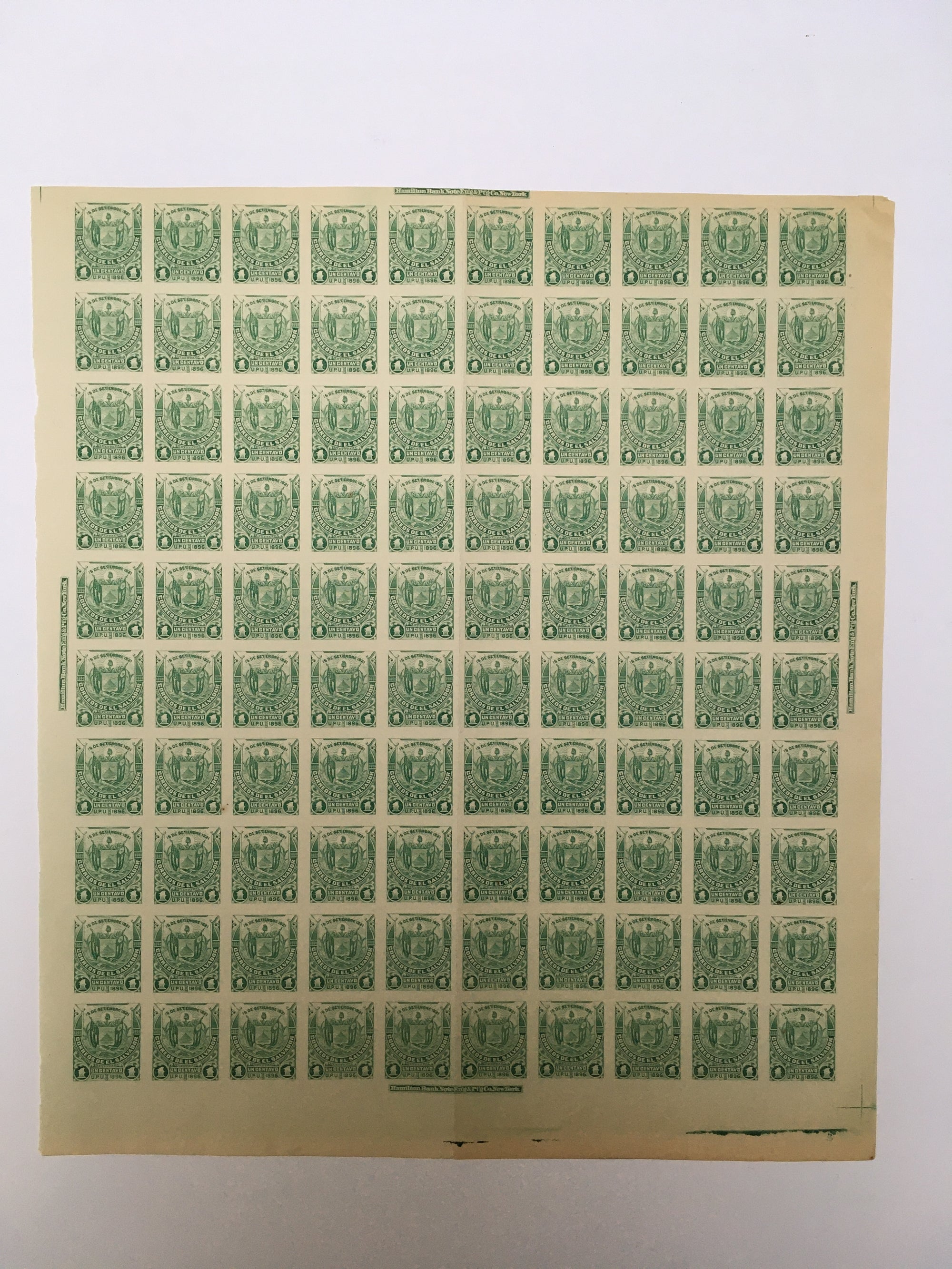 El Salvador 1896 1c Emerald Plate Proof Complete Sheet. Scott 157B var
