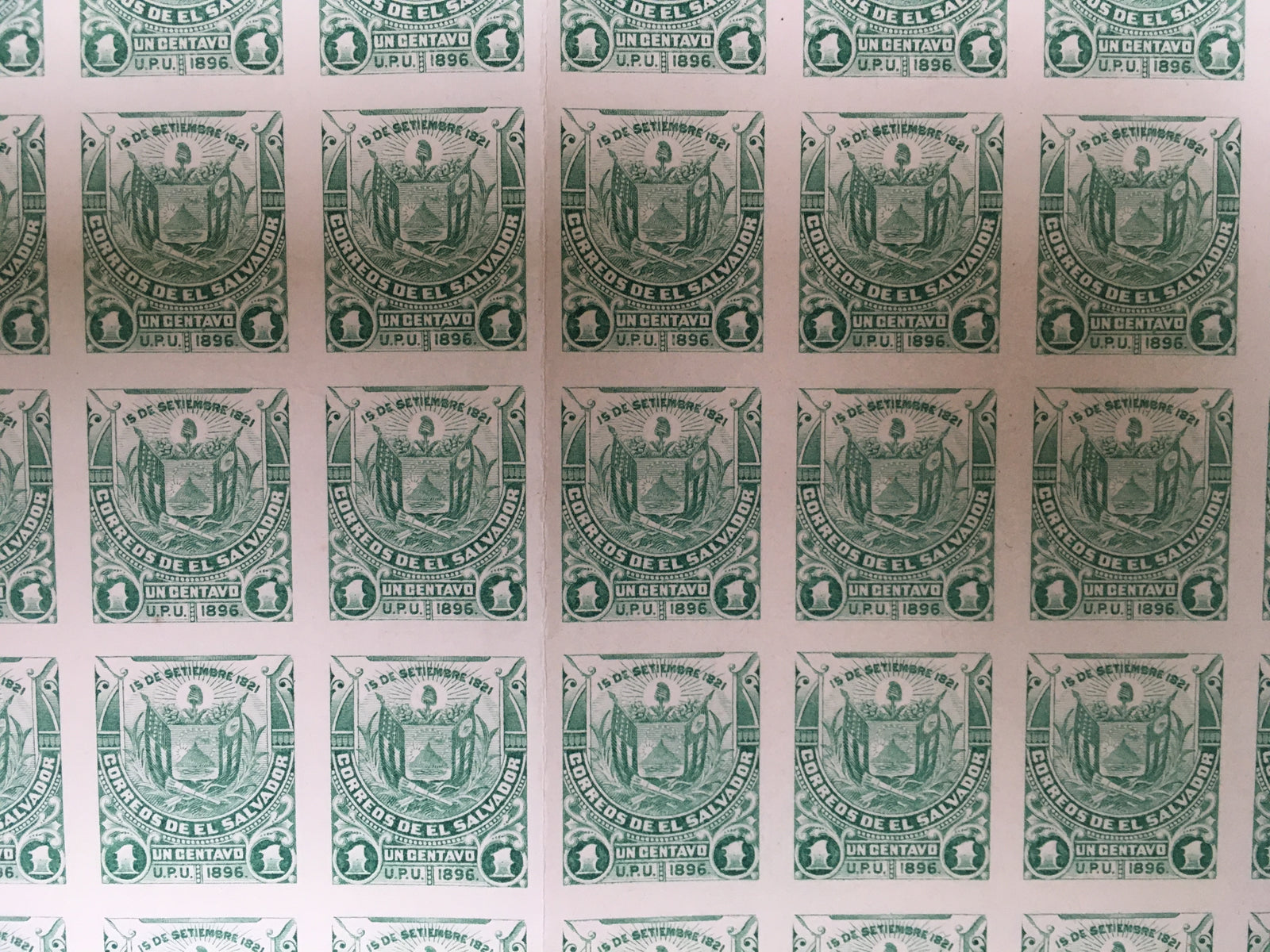 El Salvador 1896 1c Emerald Plate Proof Complete Sheet. Scott 157B var