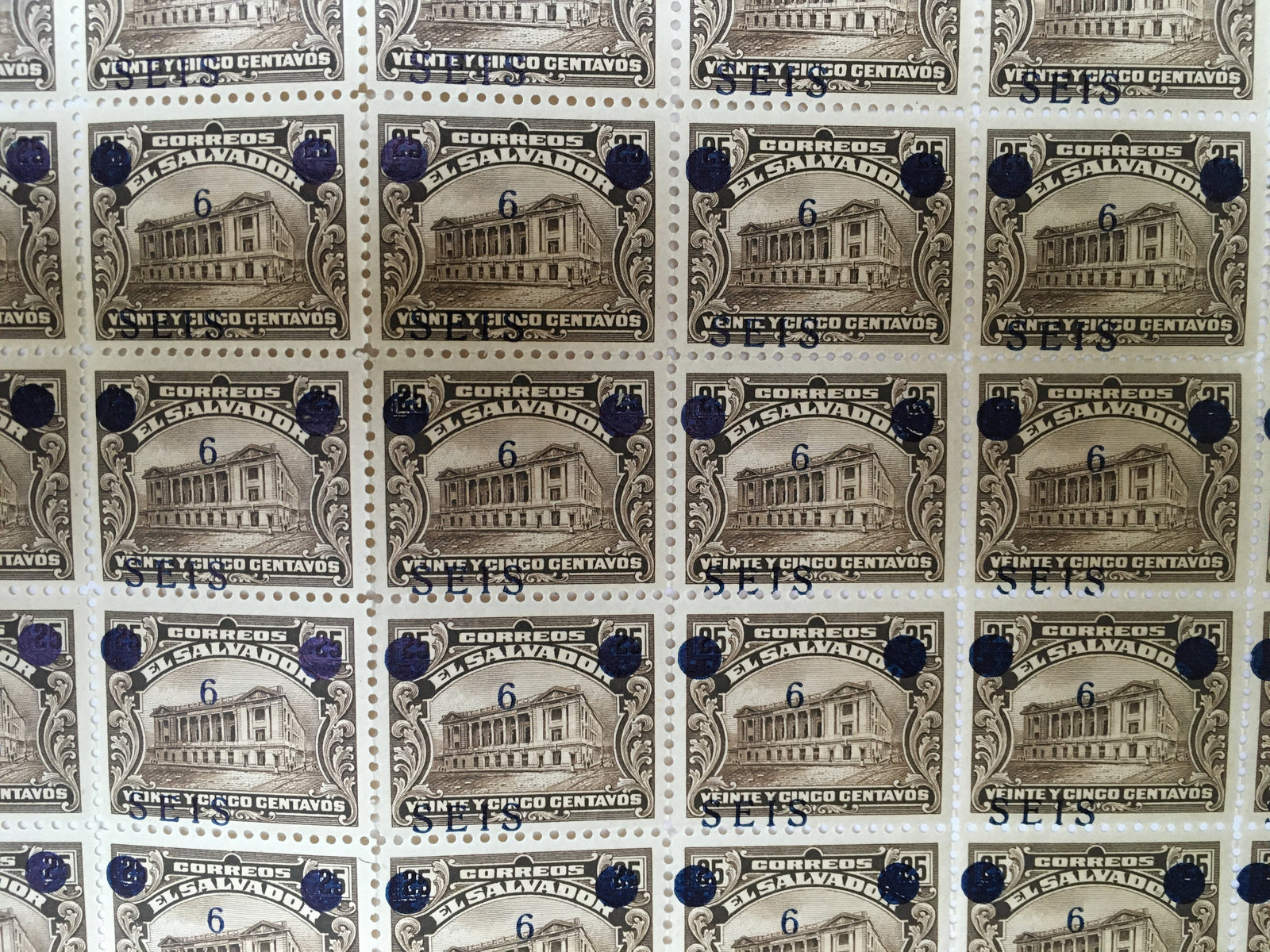 El Salvador 1920-21 6c on 25c Dark Brown Near Complete Sheet MNH. Scott 461