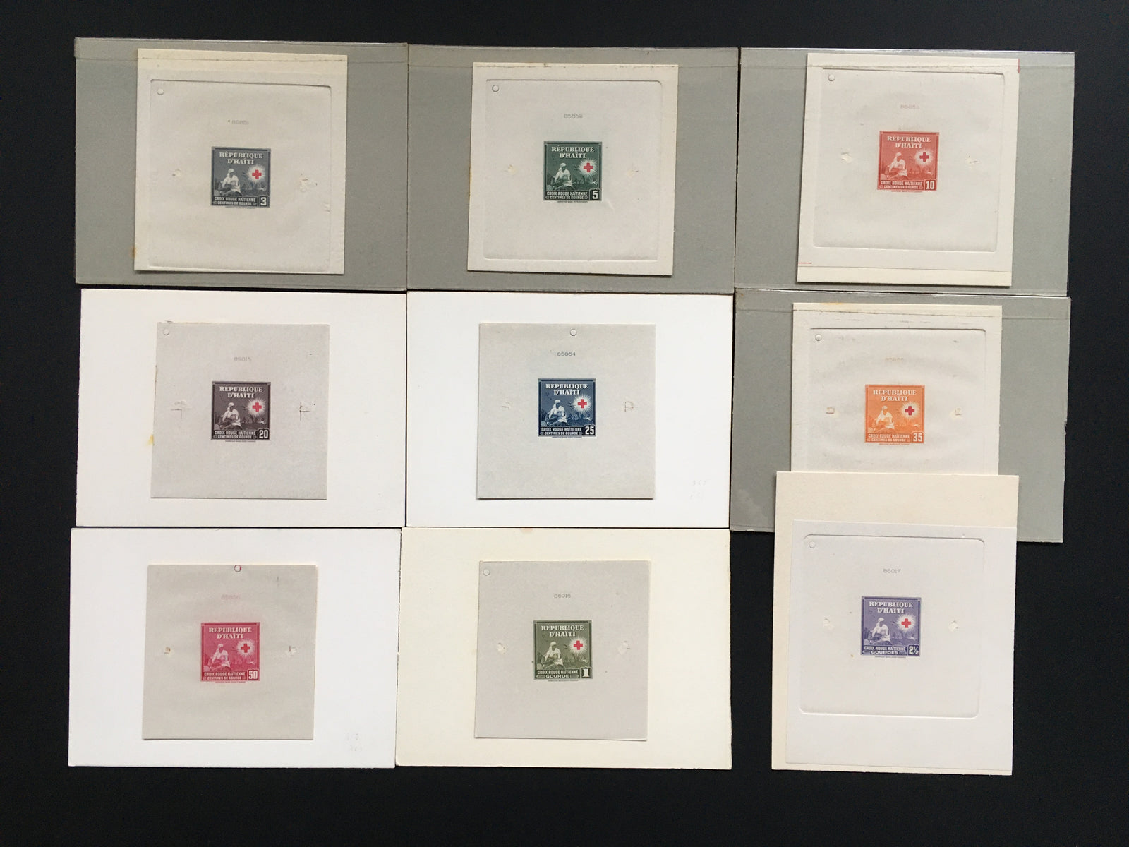 Haiti 1945 Red Cross Regular Issue Complete Set of Die Proofs. Scott 361-369 var