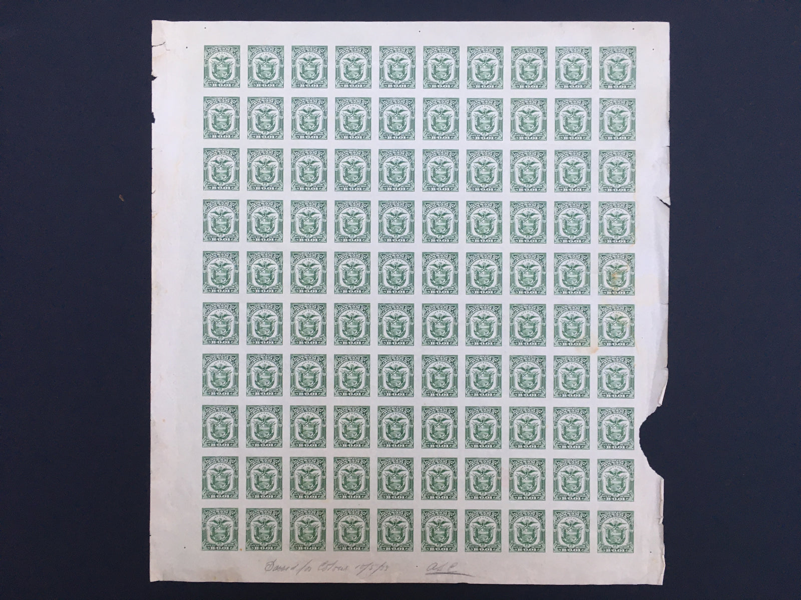 Panama 1925 1c Green Waterlow Revenue Plate Proof Complete Sheet