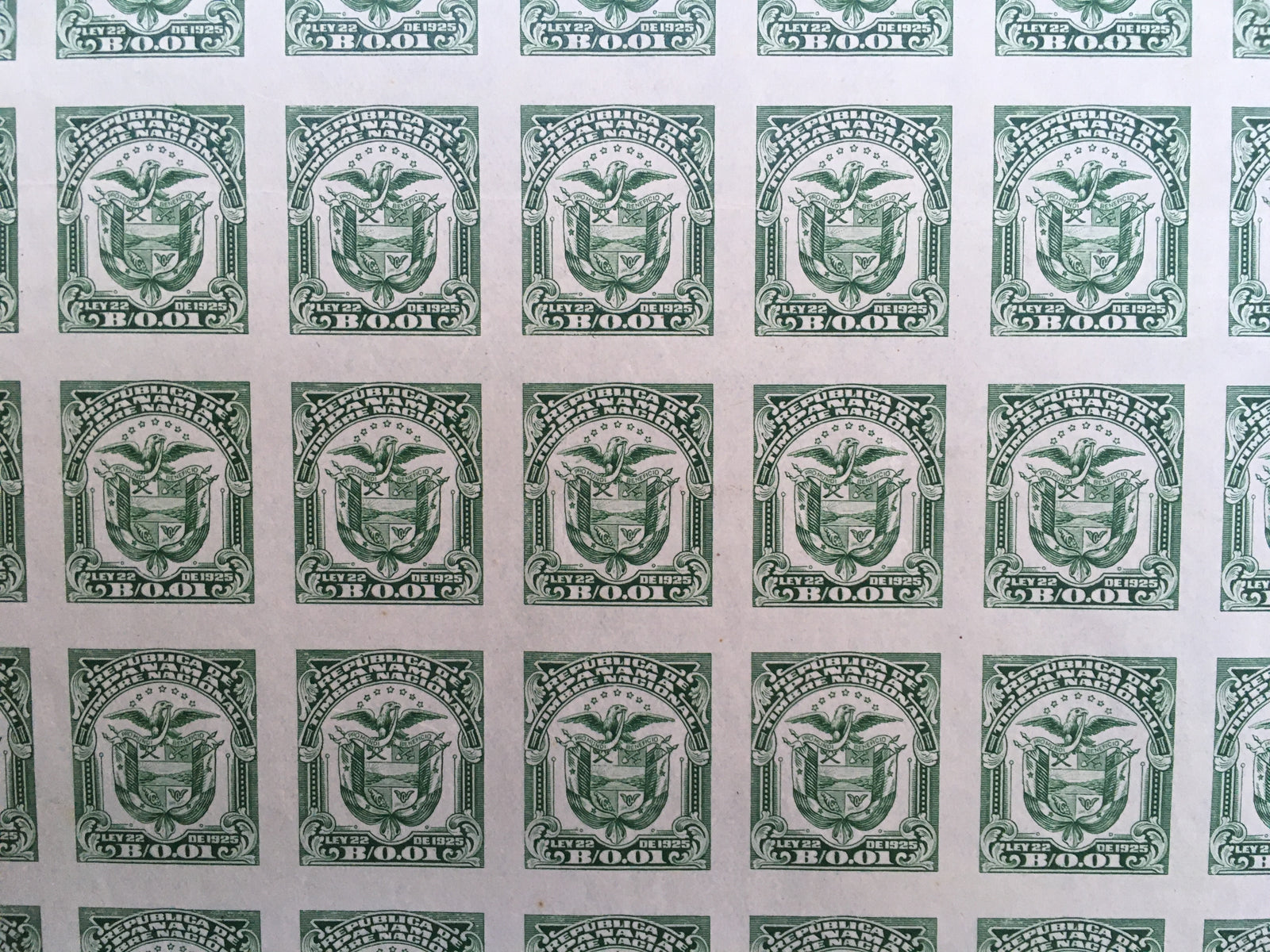 Panama 1925 1c Green Waterlow Revenue Plate Proof Complete Sheet