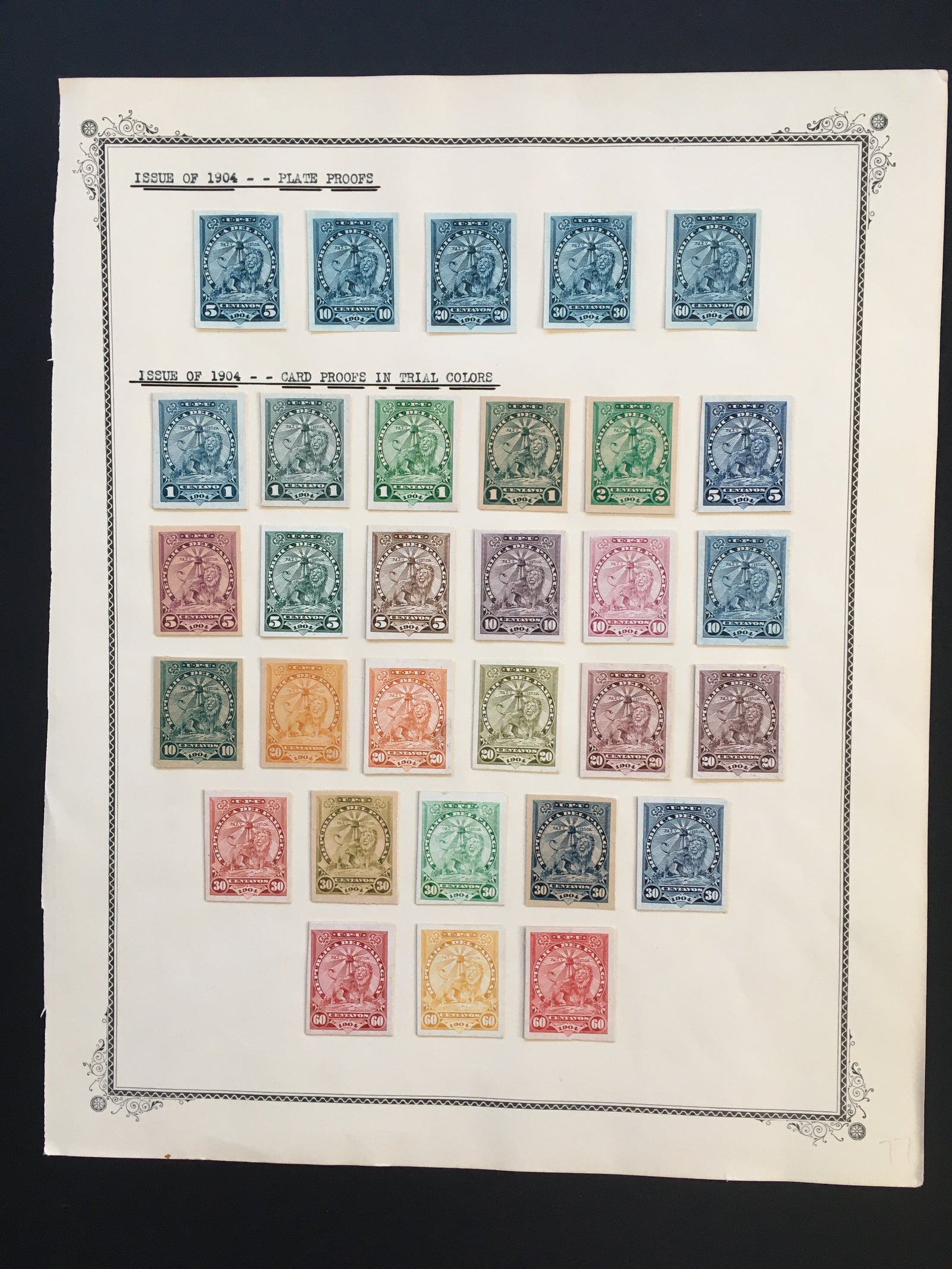 Paraguay 1905-10 Sentinel Lion Plate Proof Color Trials x 31. Scott 91-111 var