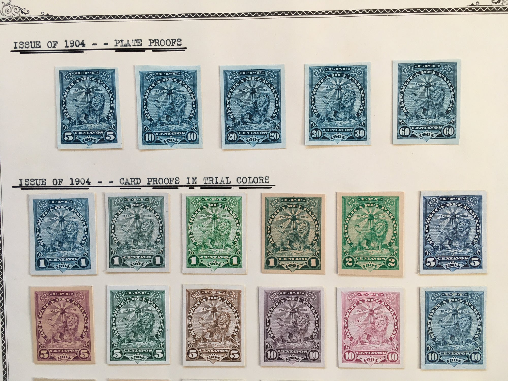 Paraguay 1905-10 Sentinel Lion Plate Proof Color Trials x 31. Scott 91-111 var