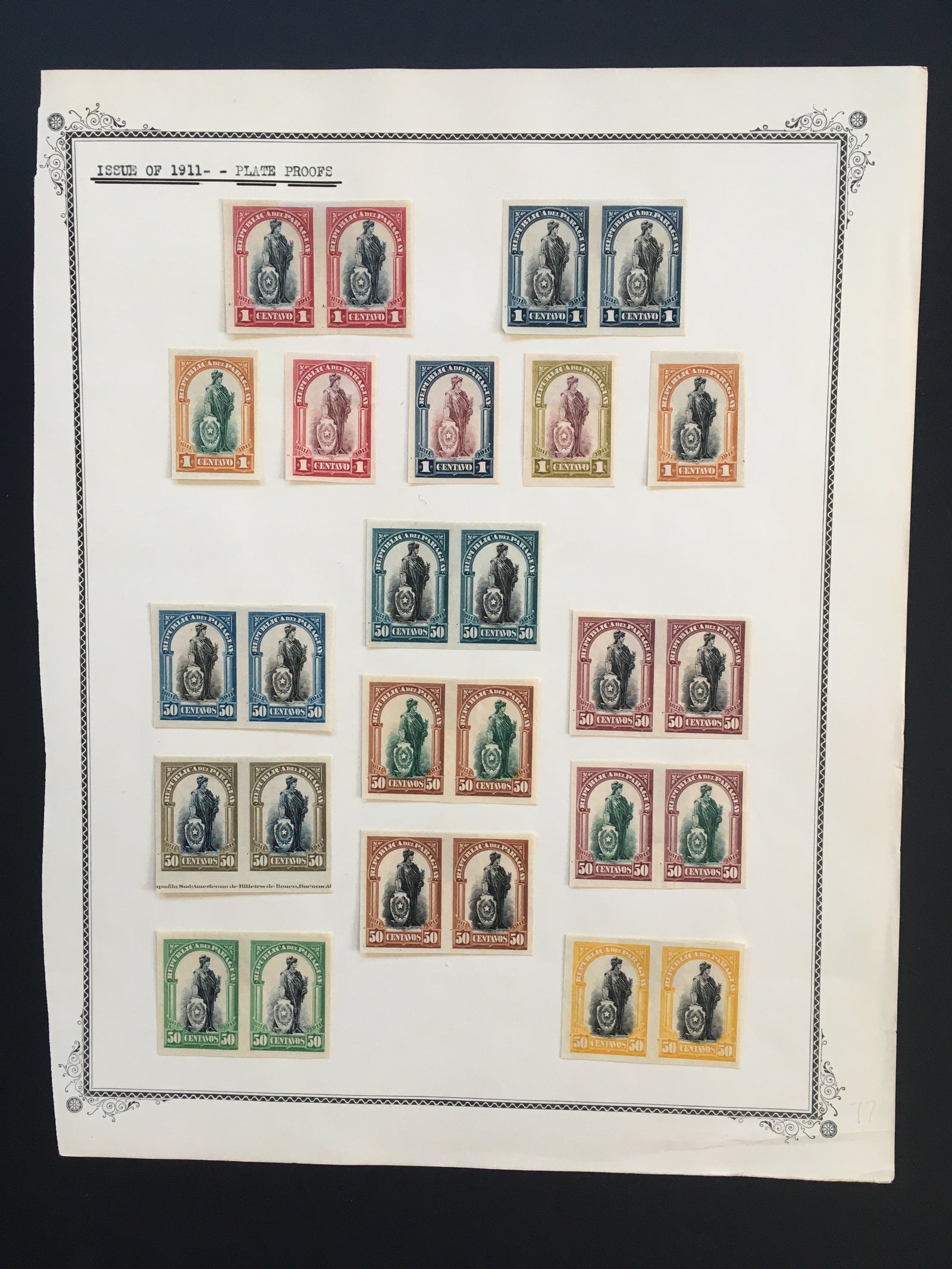 Paraguay 1911 National Independence Centenary Plate Proof Color Trials x 27. Scott 201-207 var