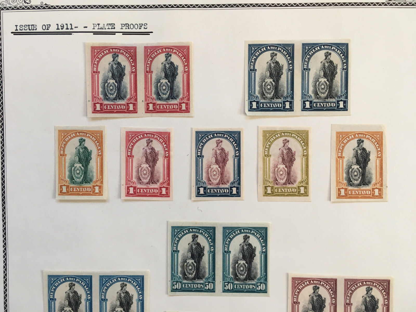 Paraguay 1911 National Independence Centenary Plate Proof Color Trials x 27. Scott 201-207 var