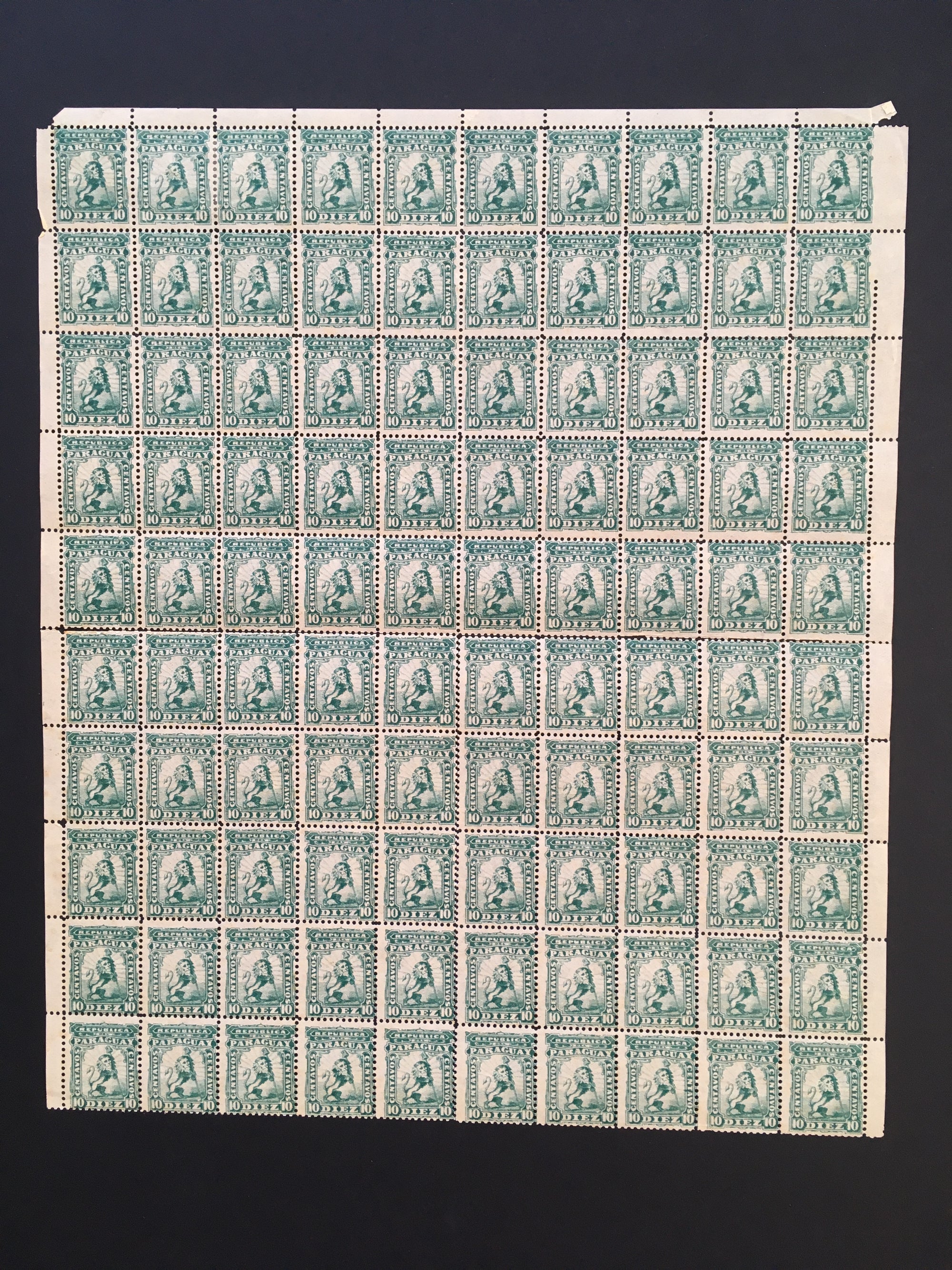 Paraguay 1879-81 10c Blue Green Reprint Complete Sheet MNH. Scott 13 var