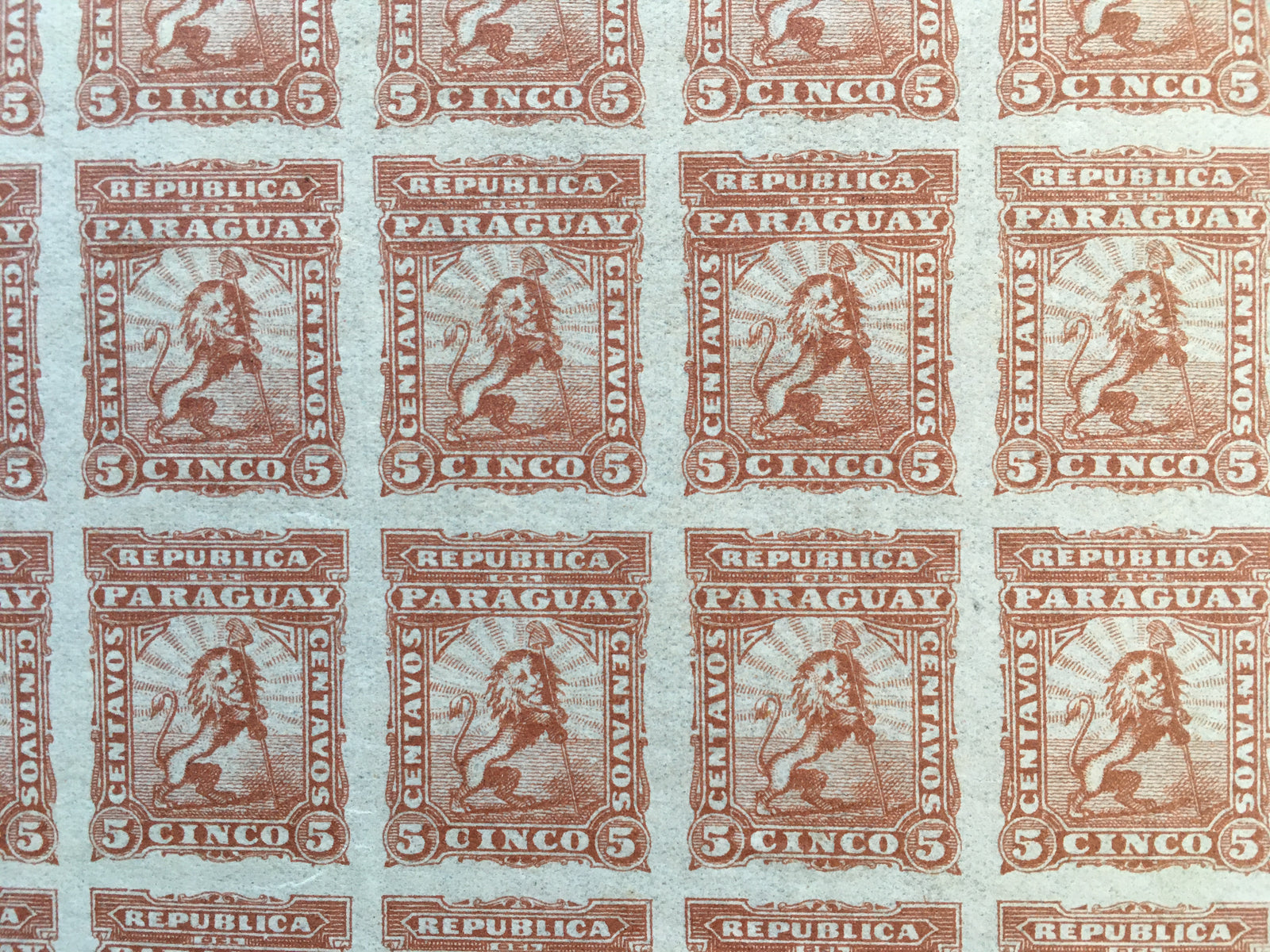 Paraguay 1879-81 5c Orange Brown Imperforate Reprint Complete Sheet MNH. Scott 12 var