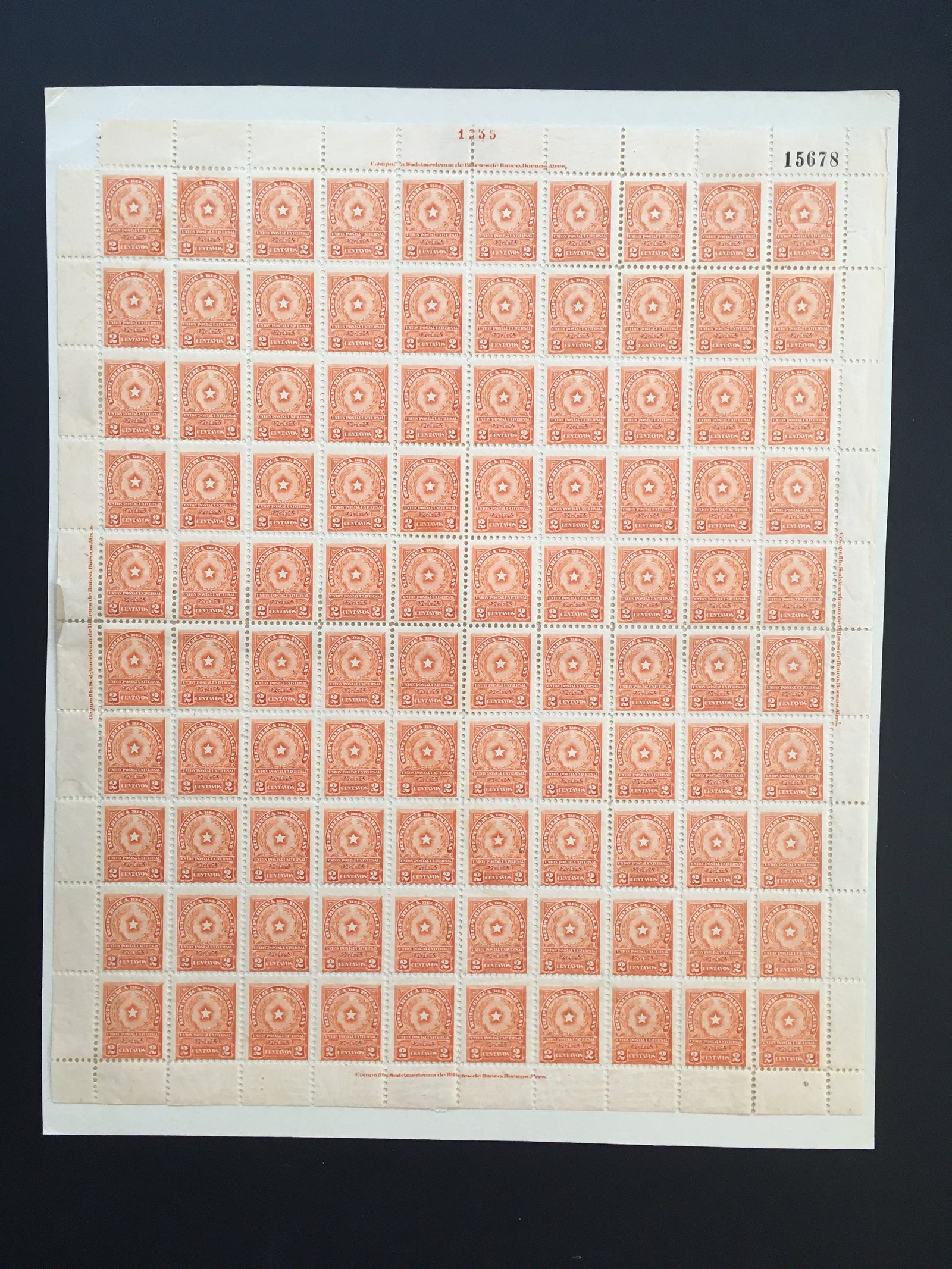 Paraguay 1913 2c Orange Complete Sheet MNH. Scott 210