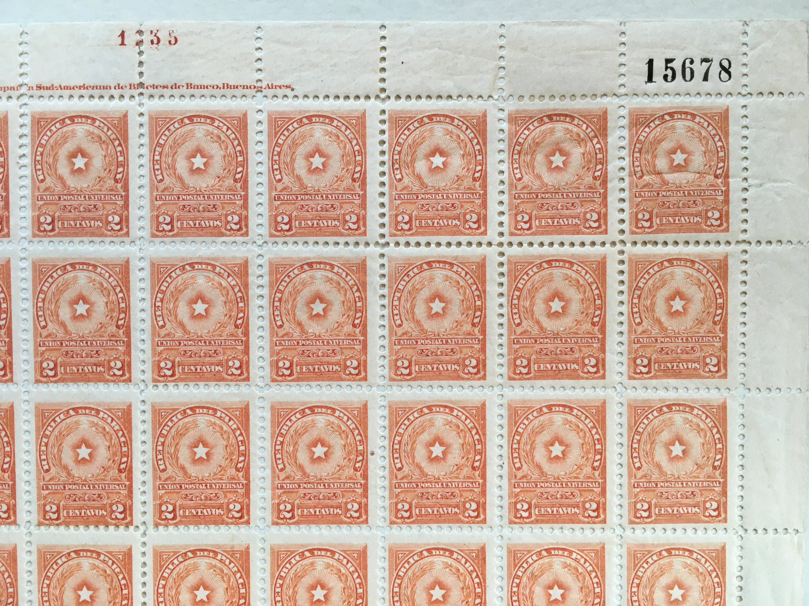Paraguay 1913 2c Orange Complete Sheet MNH. Scott 210