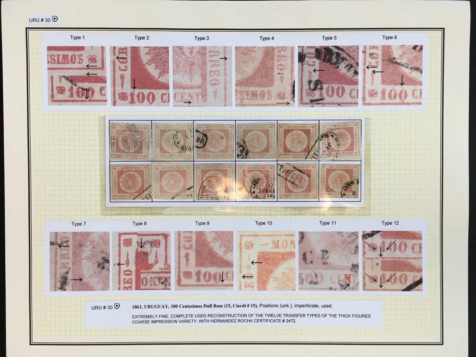 Uruguay 1860 100c Rose Thick Numerals Transfer Type Reconstruction Used. Scott 15