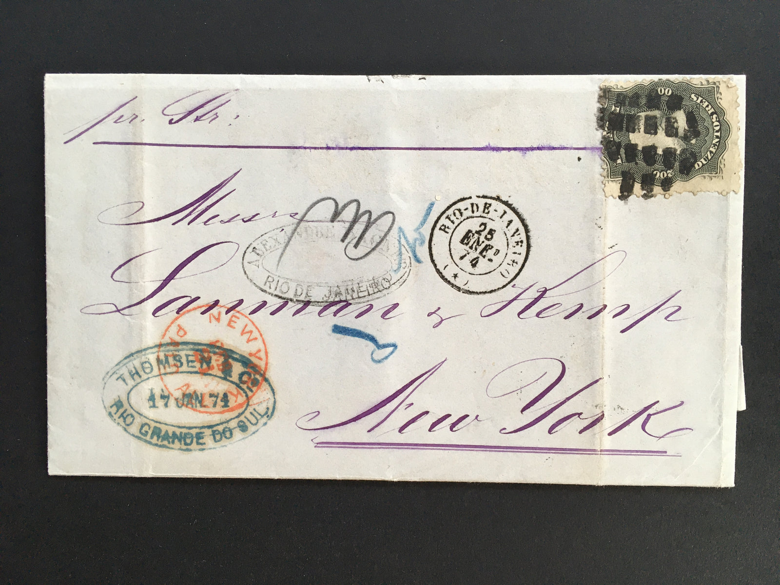 Brazil 1874 Rio de Janeiro to New York Entire, tied with 200r Black Dom Pedro
