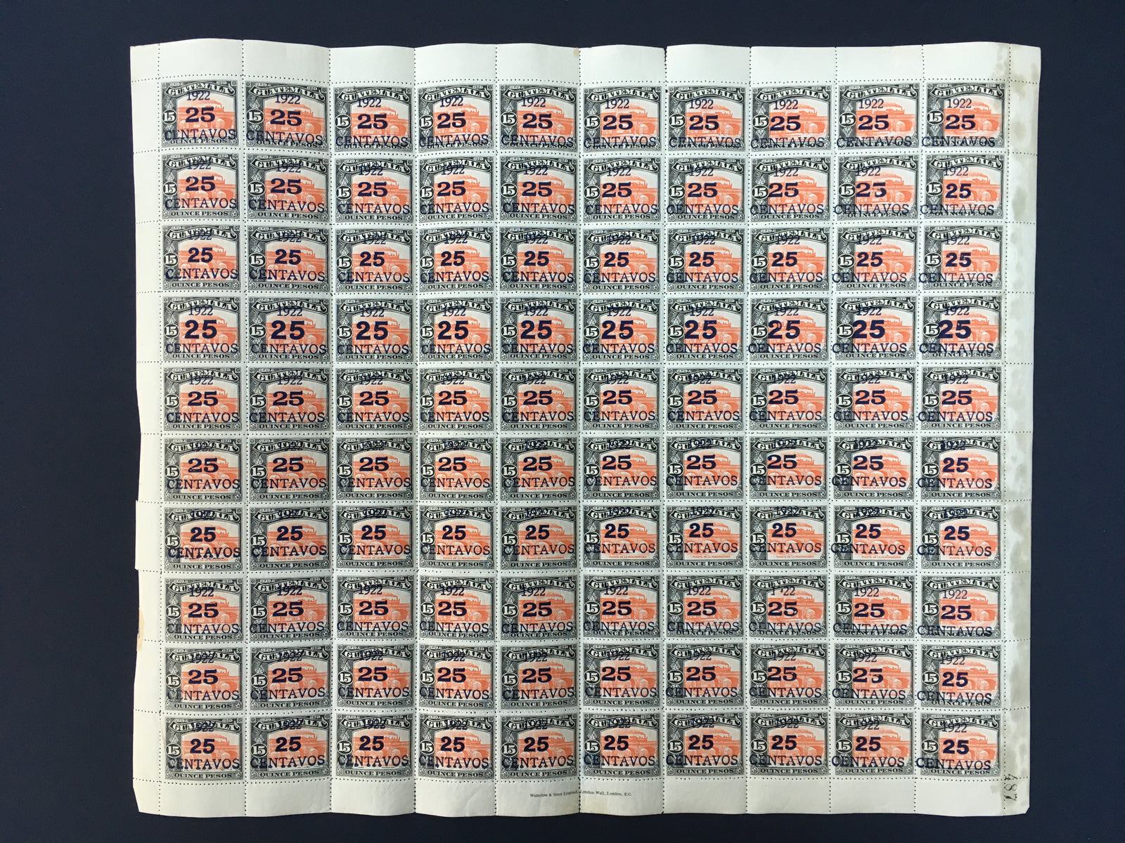 Guatemala 1922 25c on 15p Complete Sheet MNH. Scott 201