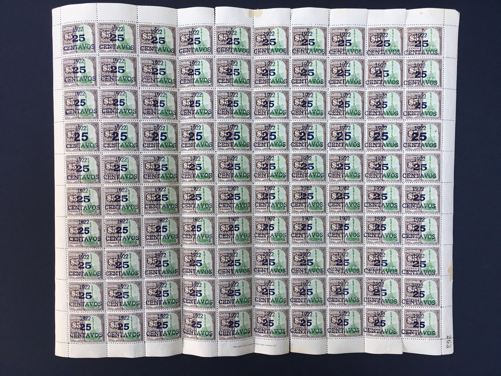 Guatemala 1922 25c on 5p Complete Sheet MNH. Scott 200