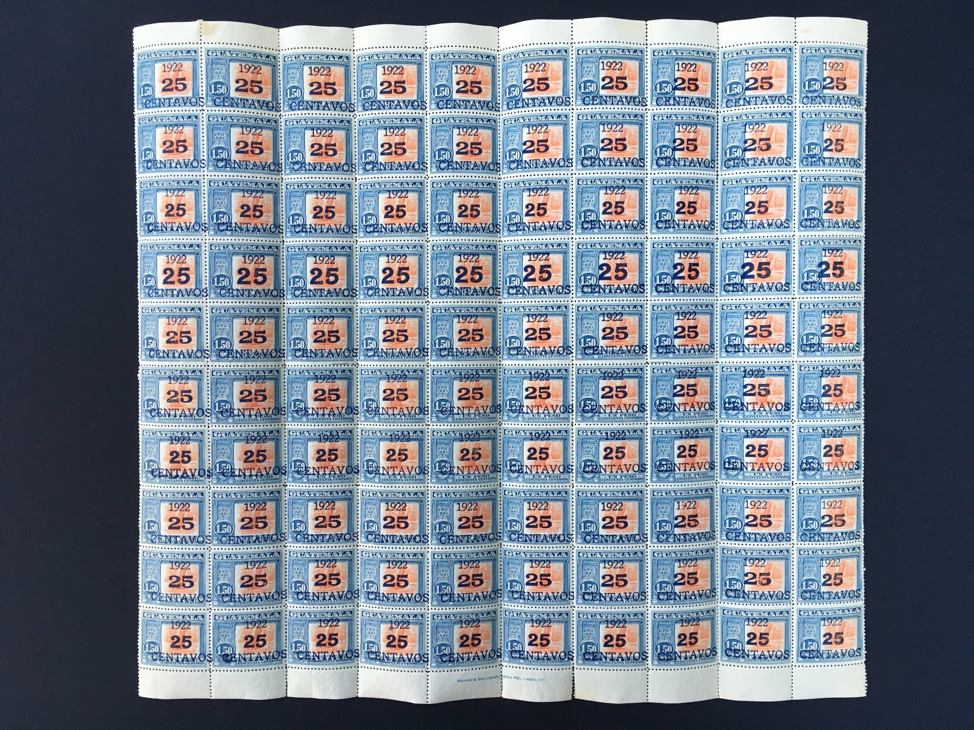 Guatemala 1922 25c on 1.50p Complete Sheet MNH. Scott 199