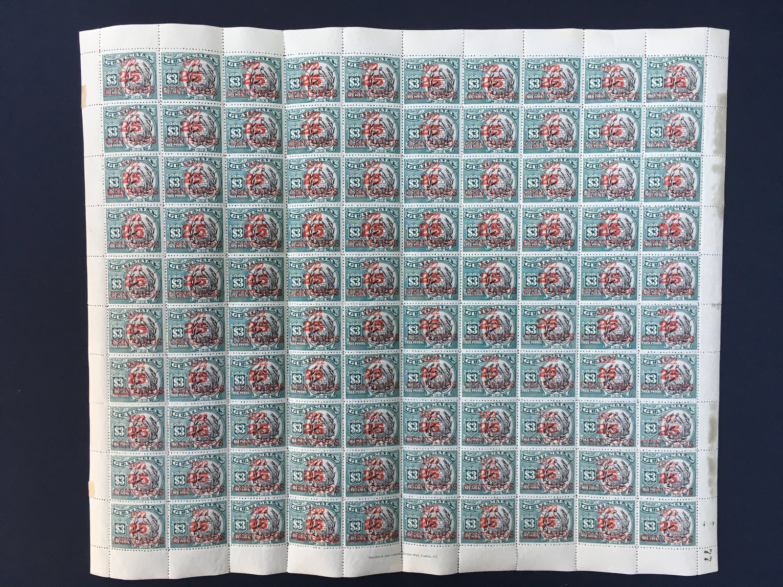 Guatemala 1922 25c on 3p Complete Sheet MNH. Scott 198