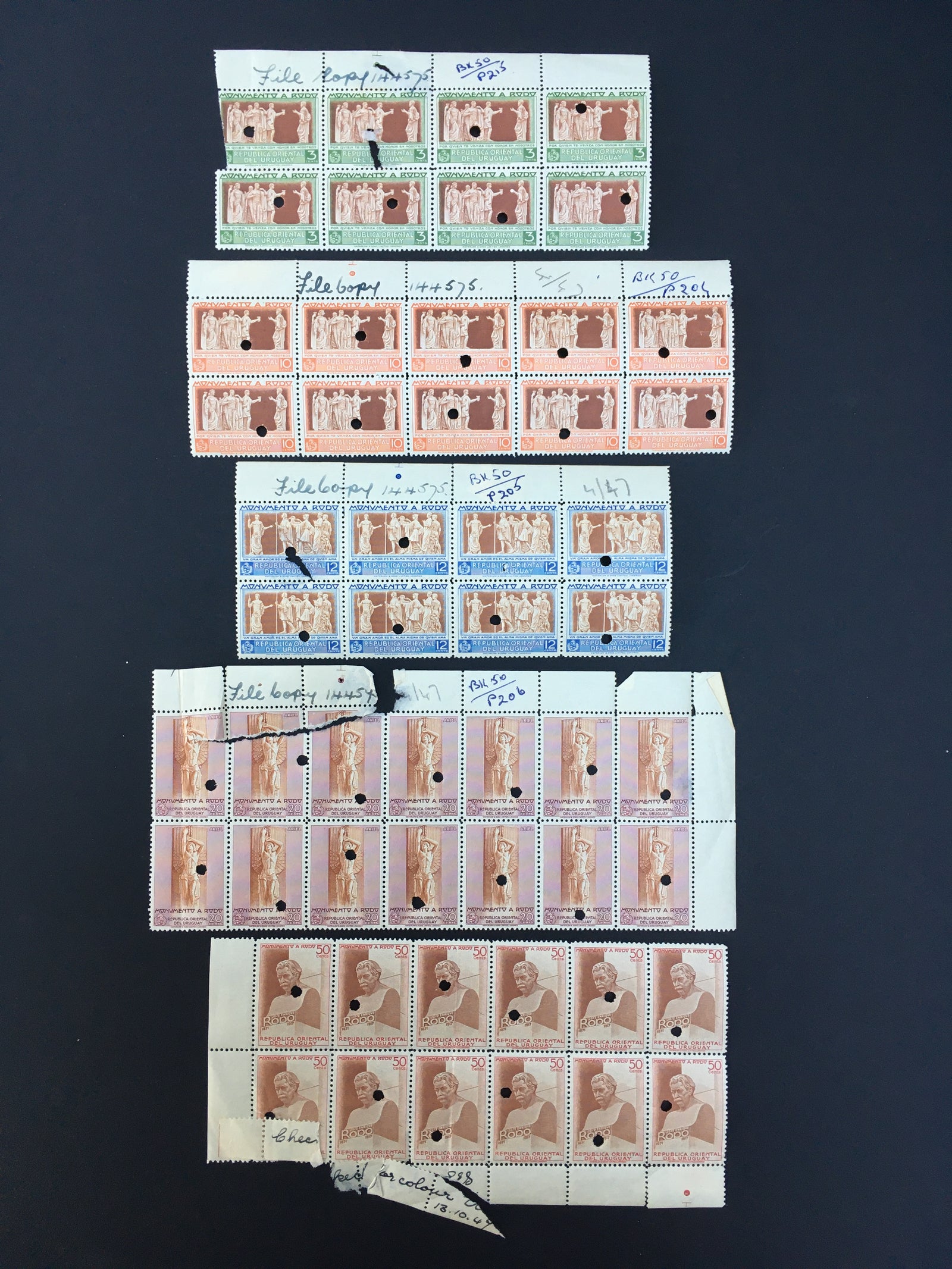 Uruguay 1948 Rodo Monument Waterlow File Copy Blocks MNH. Scott 558-563 var