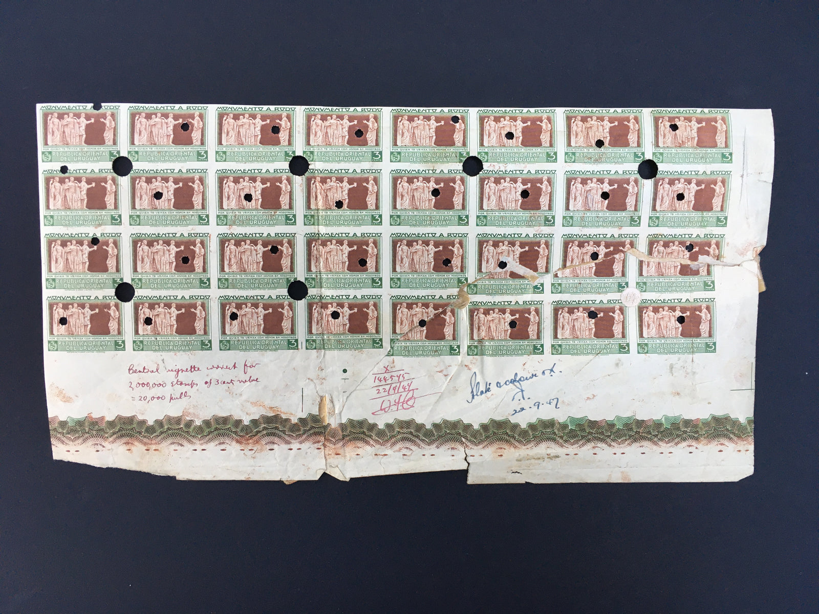 Uruguay 1948 3c Green Master Plate Proof Part Sheet. Scott 558 var