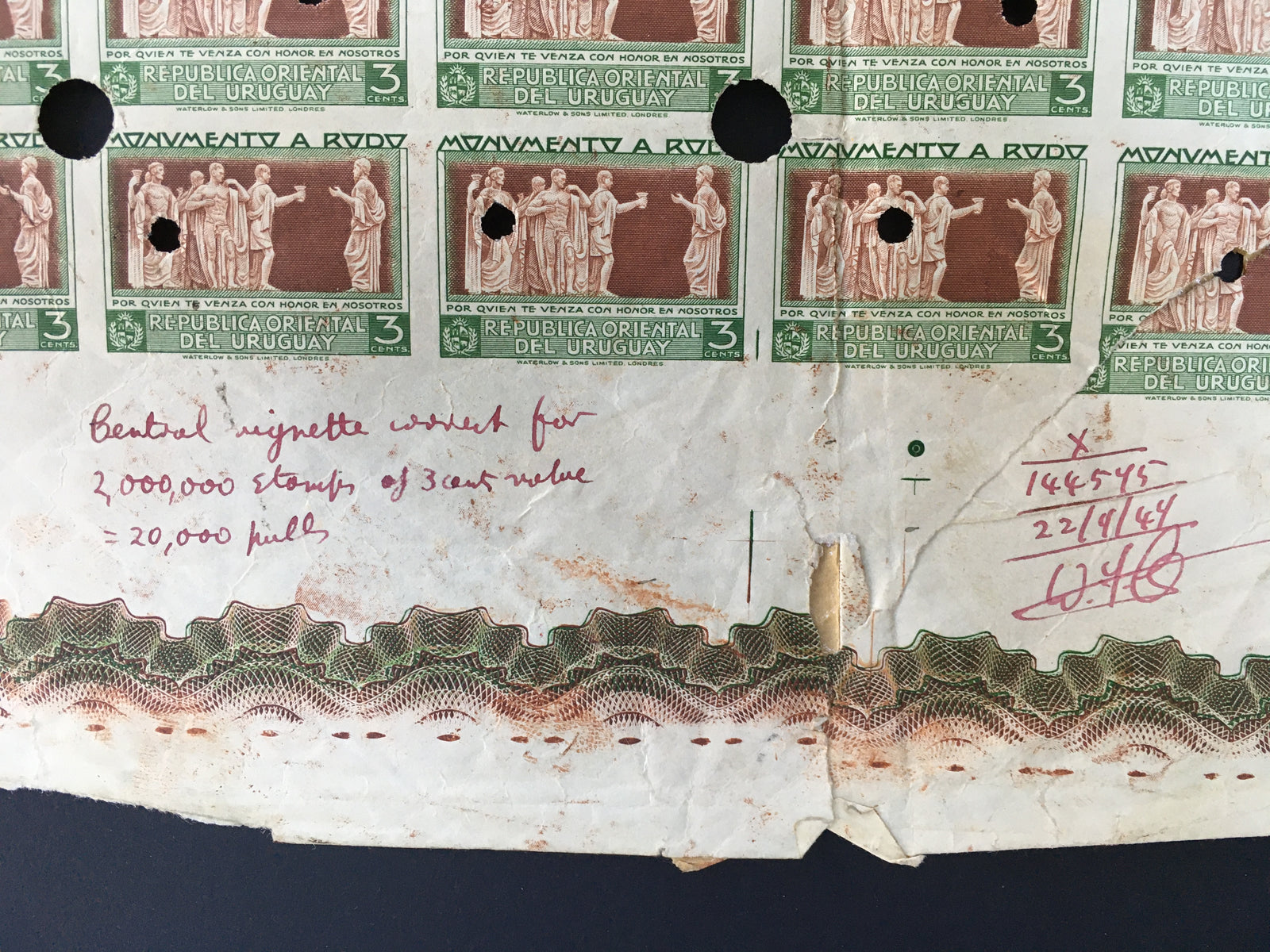 Uruguay 1948 3c Green Master Plate Proof Part Sheet. Scott 558 var