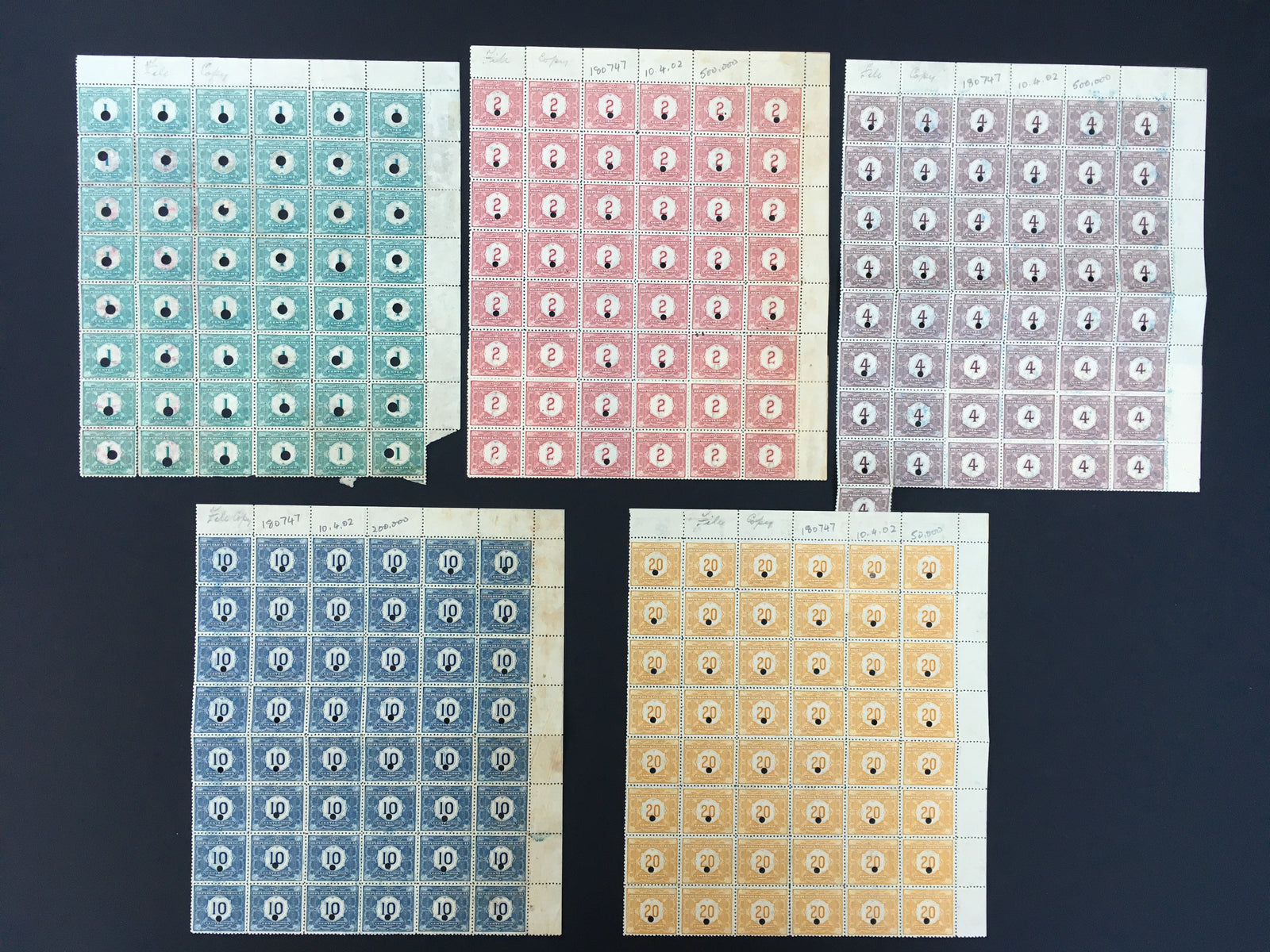 Uruguay 1902 Postage Due Complete Set of Waterlow Archive File Copy Blocks. Scott J1-J5 var