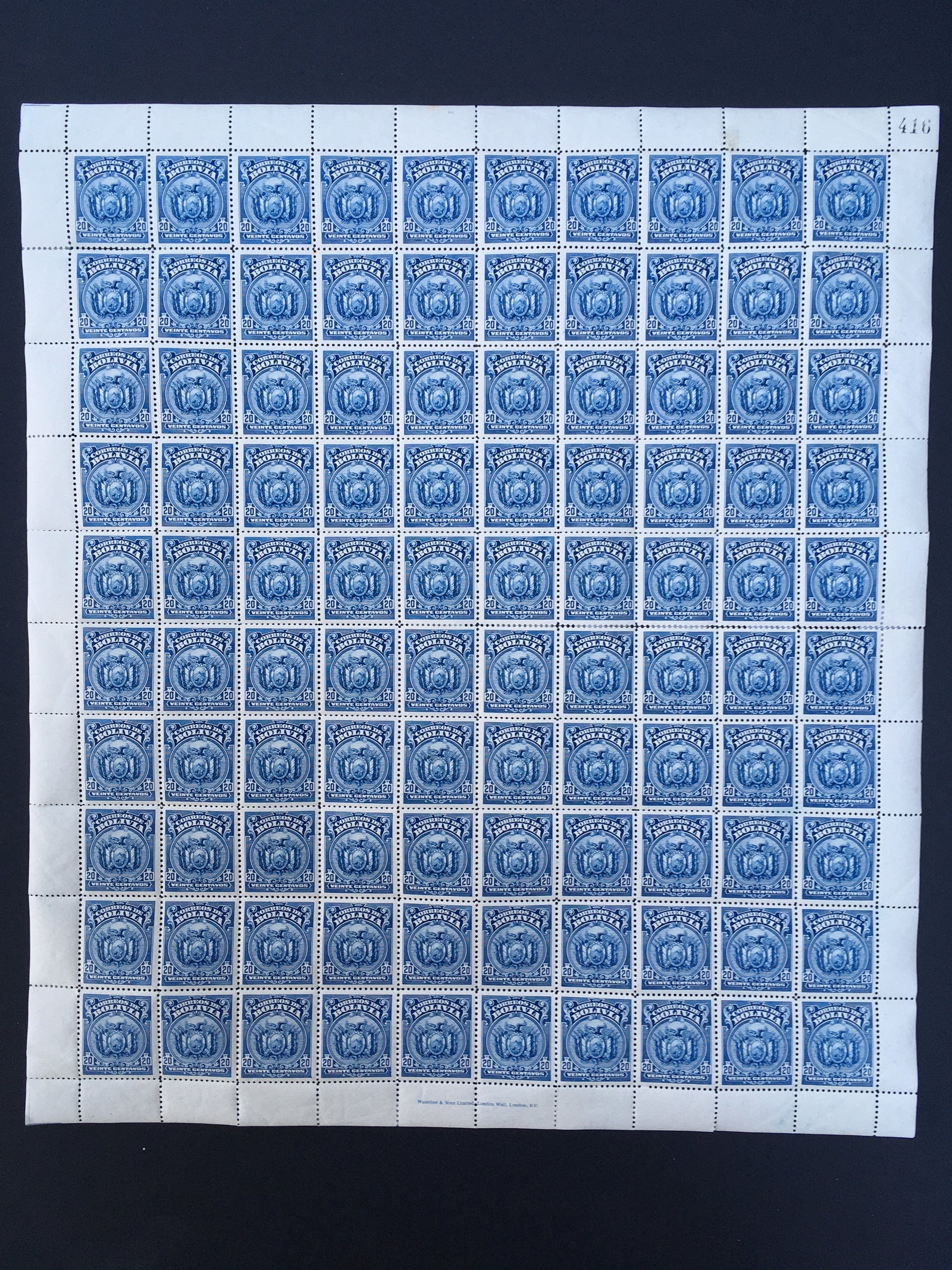 Bolivia 1925 20c Dark Blue Complete Sheet x 100 MNH. Scott 146