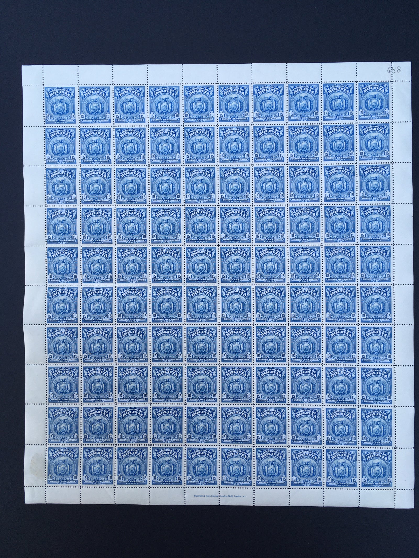 Bolivia 1925 15c Ultramarine Complete Sheet x 100 MNH. Scott 145