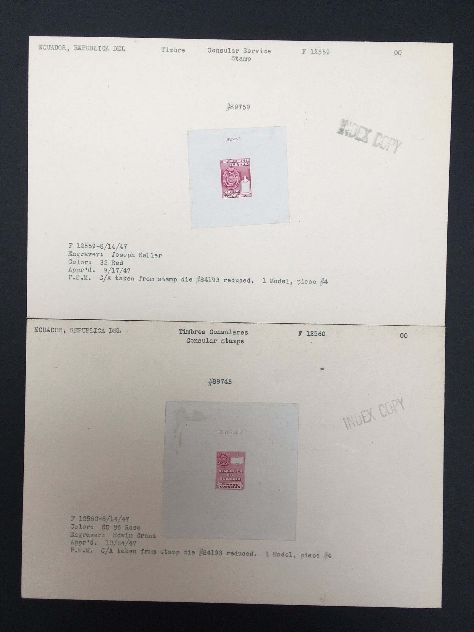Ecuador 1951 Carmine Rose Progressive Die Proofs on Index Copy Cards, used for the Consular Overprint Issue. Scott 545-547 & 554 var
