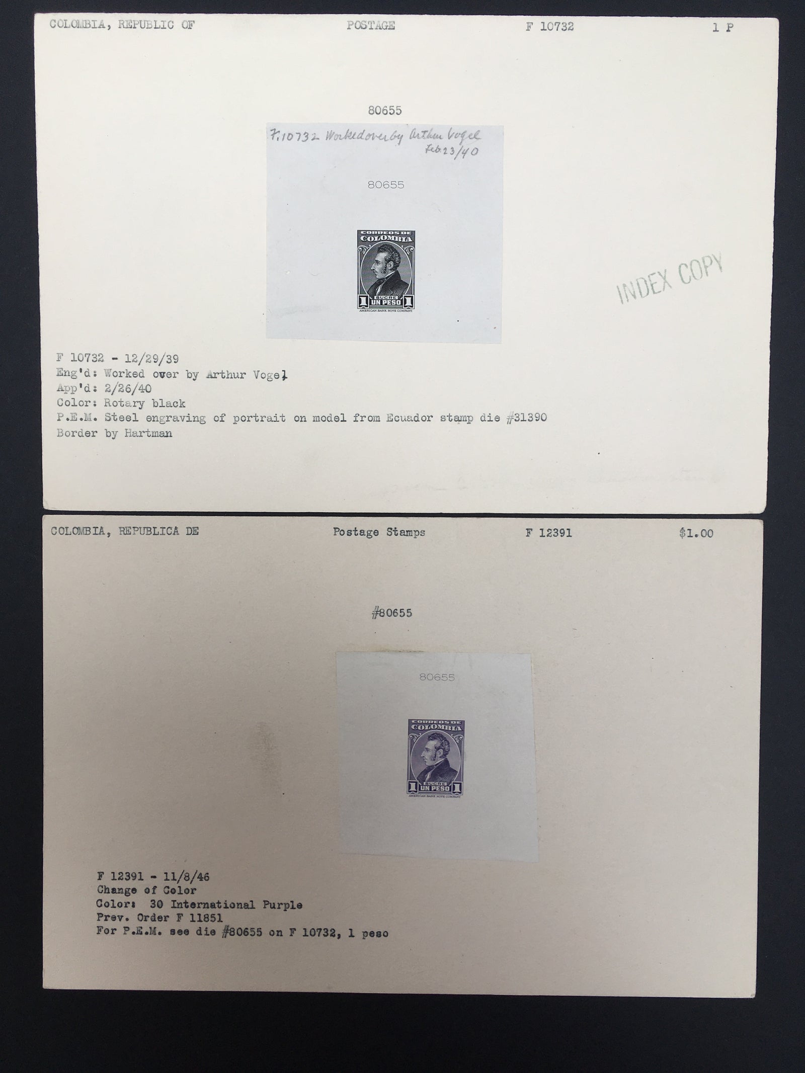 Colombia 1940-47 1p Sucre Die Proof Index Copies x 2. Scott 492 & 554 var