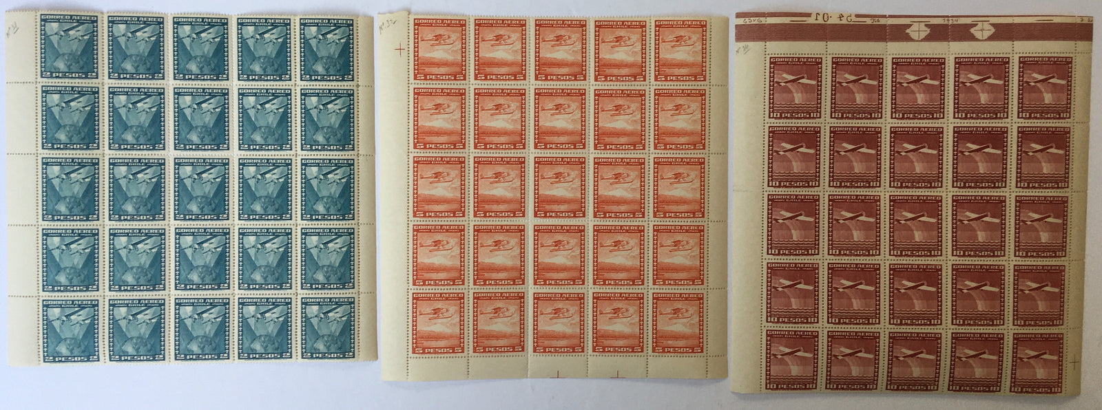 Chile 1934-39 2p (inv wmk), 5p & 10p Airmail Blocks x 25 each MNH. Scott C40, C43, C46