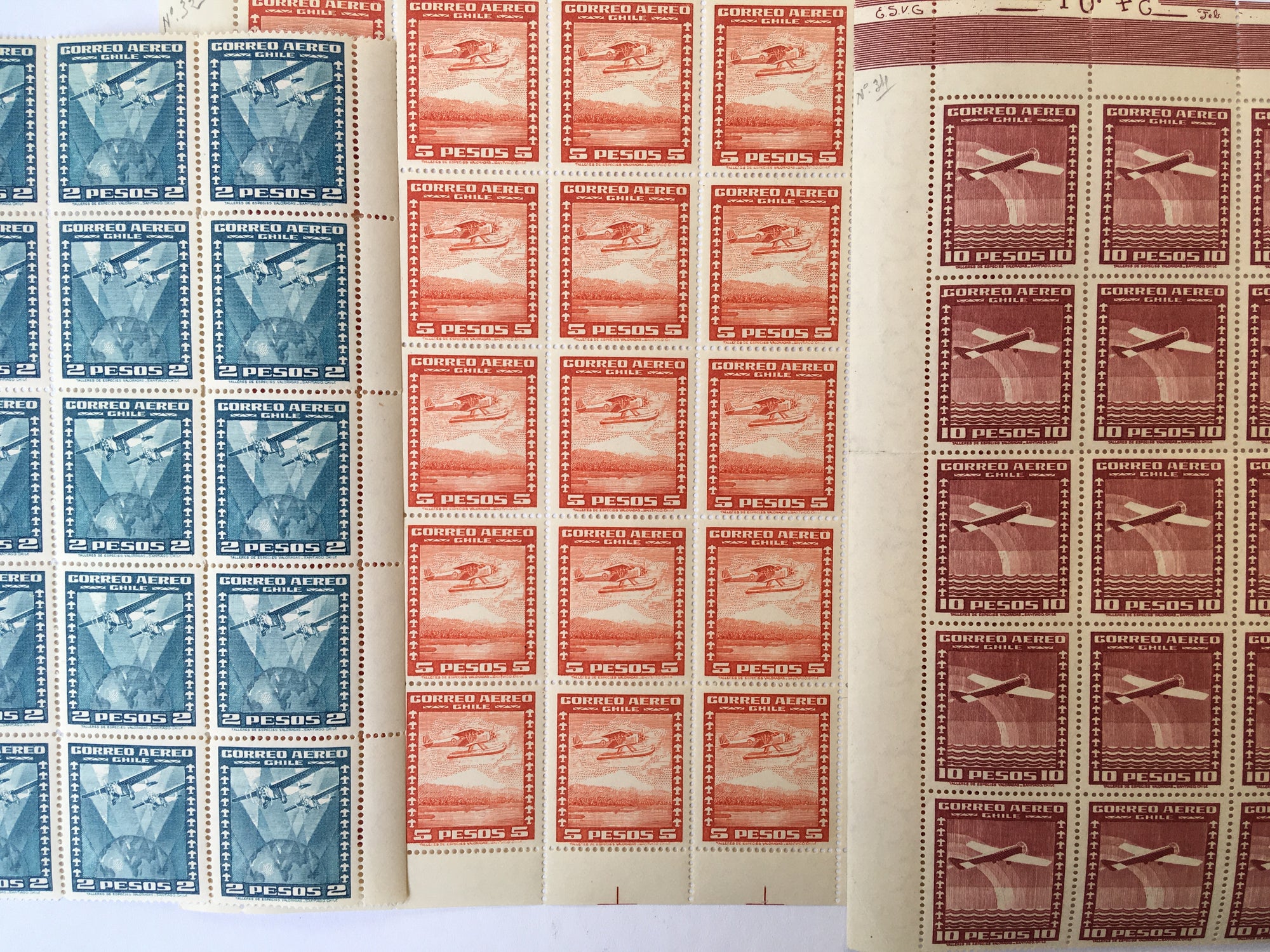 Chile 1934-39 2p (inv wmk), 5p & 10p Airmail Blocks x 25 each MNH. Scott C40, C43, C46