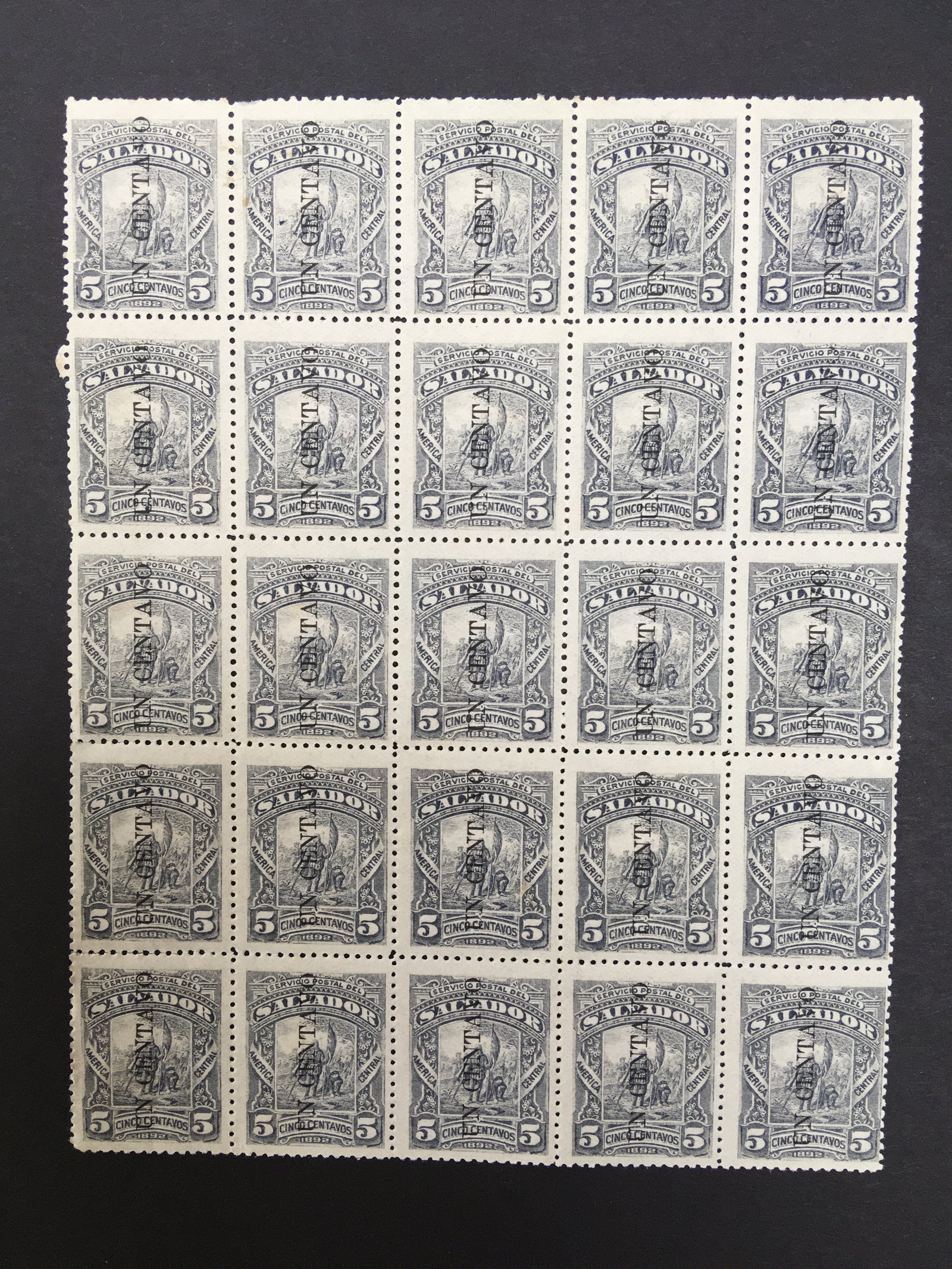 El Salvador 1892 1c on 5c Grey Seebeck Block x 25, Surcharge Reading Up MNH. Scott 70a