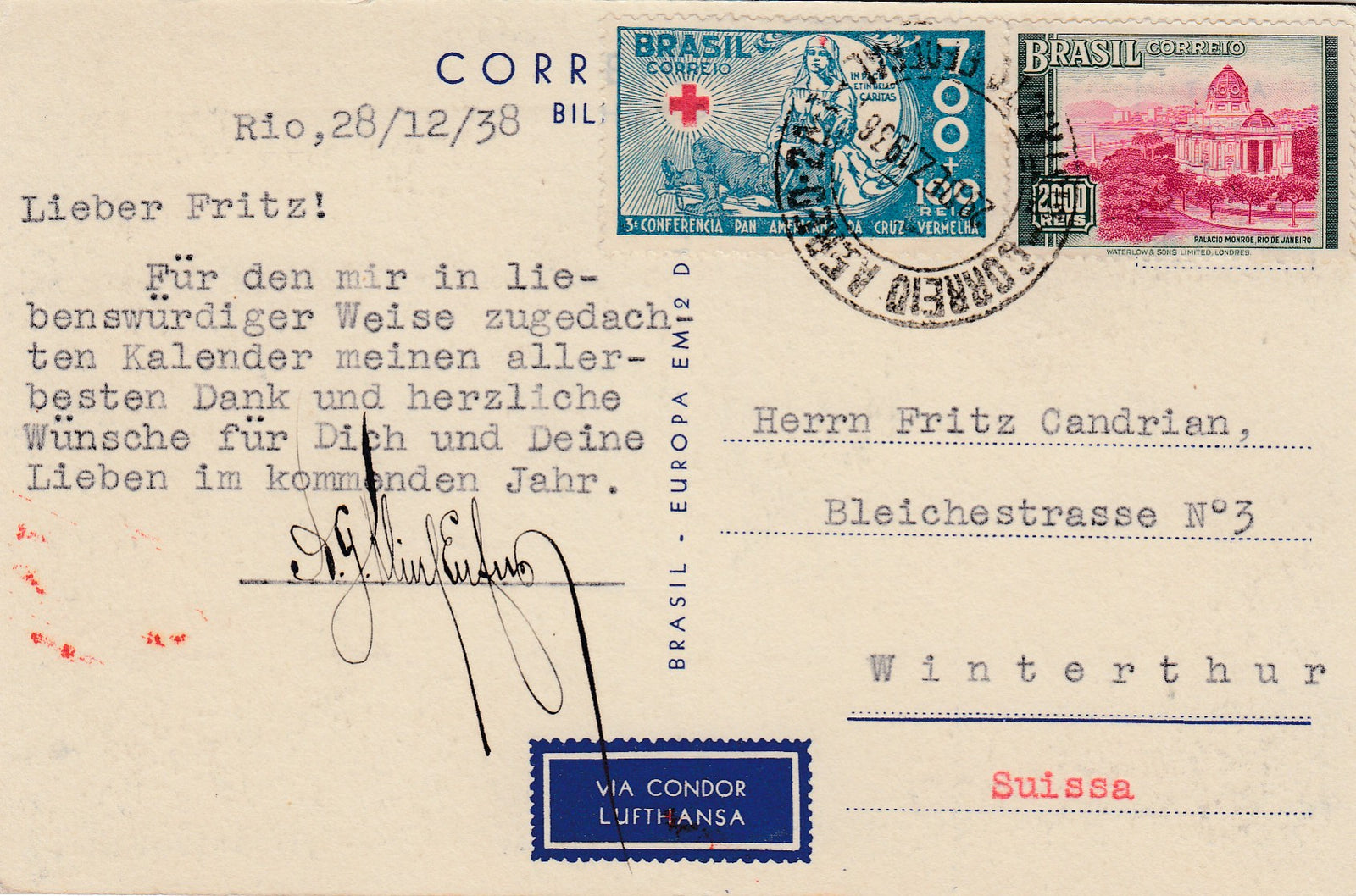 Brazil to Switzerland 1938/1939 New Year Condor Lufthansa Airmail Postcard
