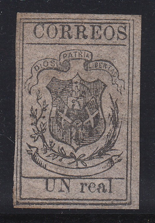 Dominican Republic 1867-71 1 Real Black on Rose/Flesh Pelure Paper LM Mint with RPSL Certificate. Scott 24