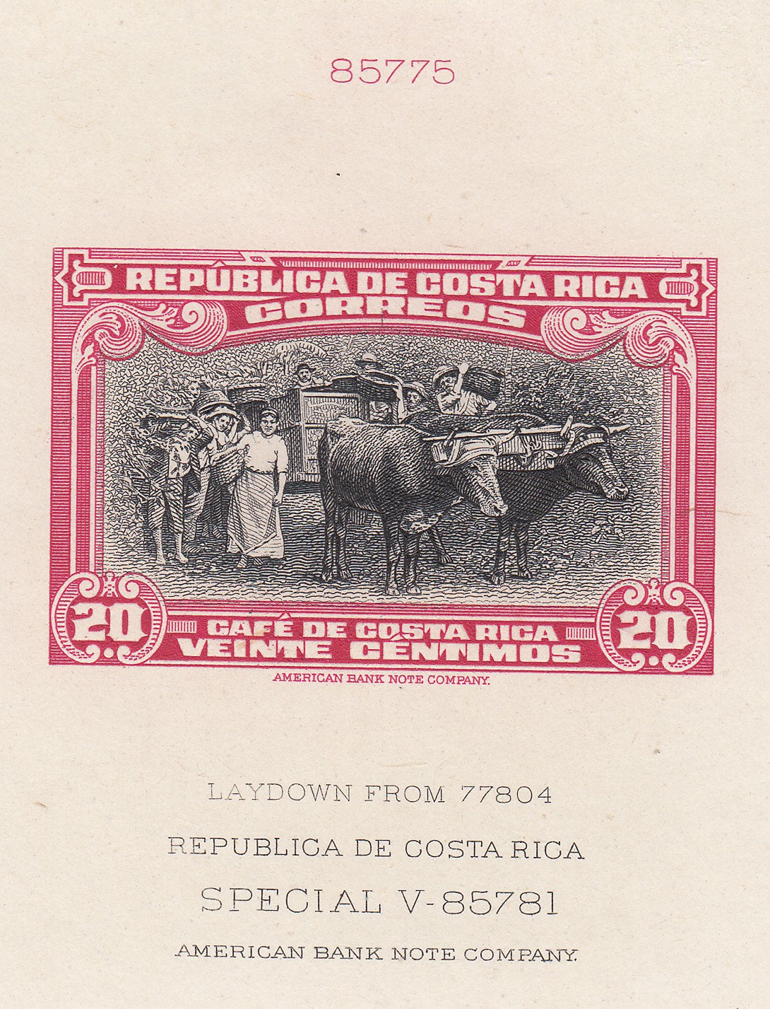 Costa Rica 1945 20c Carmine Rose & Black Laydown Die Proof. Scott 245 var