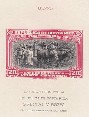 Costa Rica 1945 20c Carmine Rose & Black Laydown Die Proof. Scott 245 var