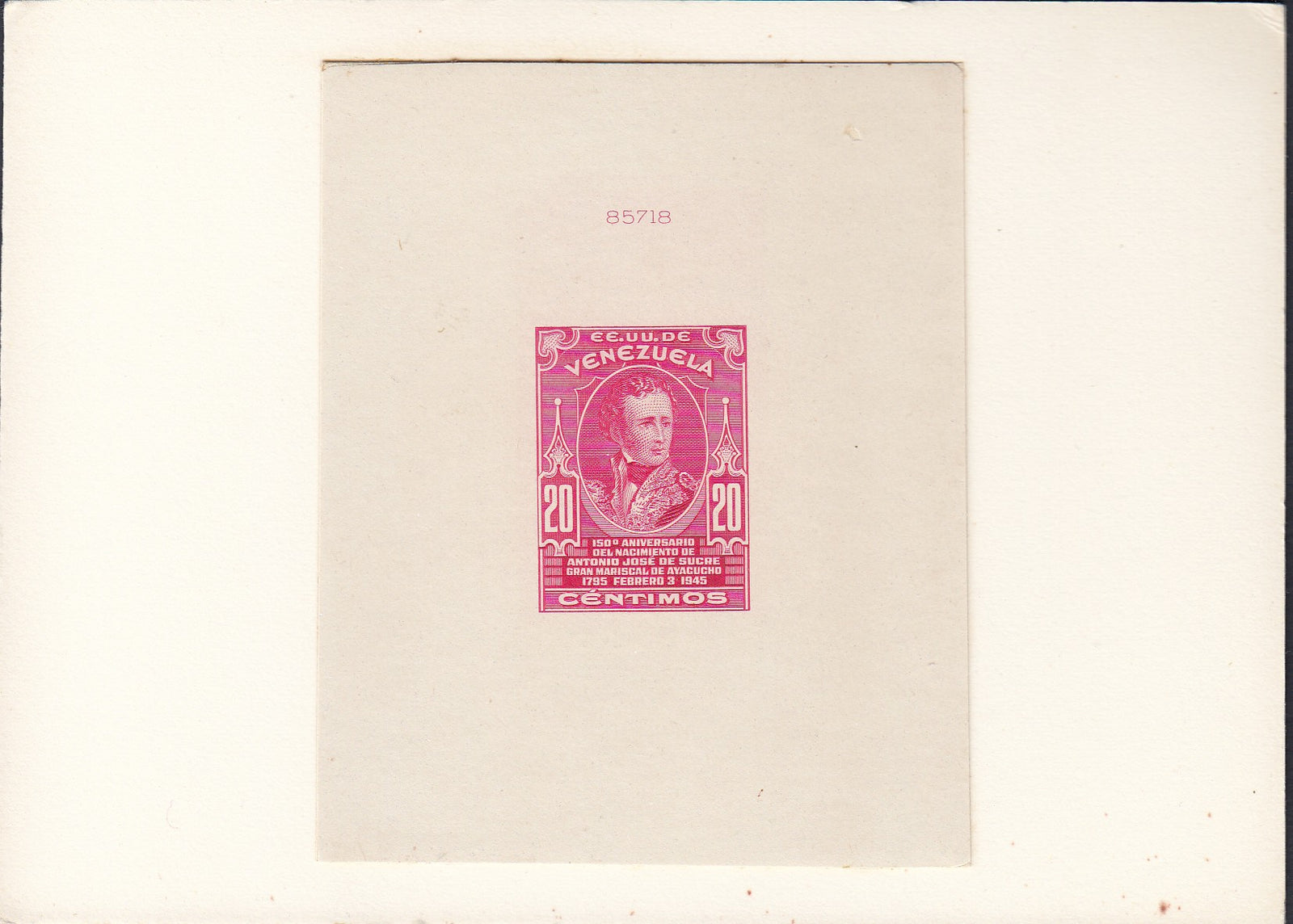 Venezuela 1945 20c Rose Pink Sucre 150th Anniversary Die Proof. Scott 391 var