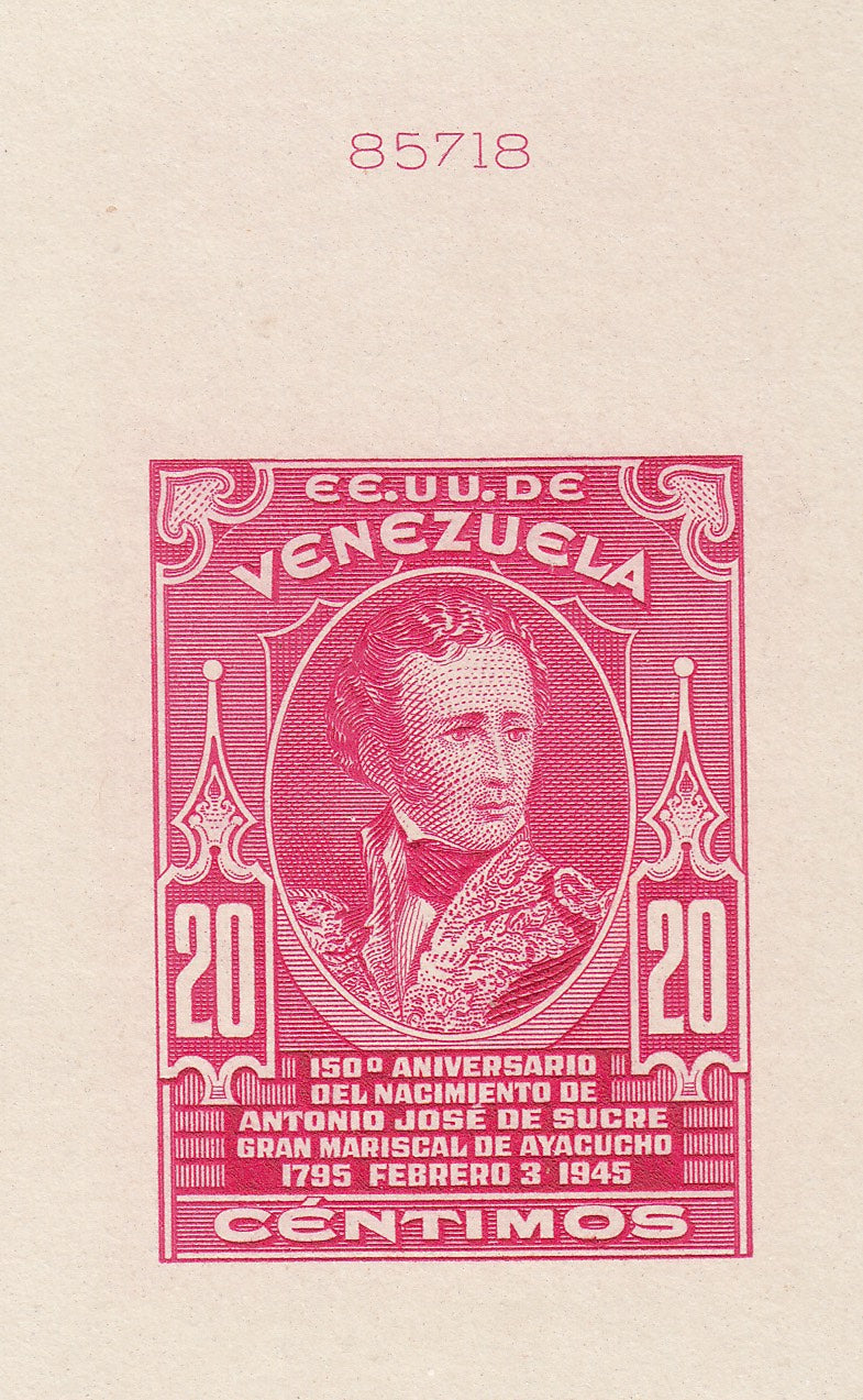 Venezuela 1945 20c Rose Pink Sucre 150th Anniversary Die Proof. Scott 391 var