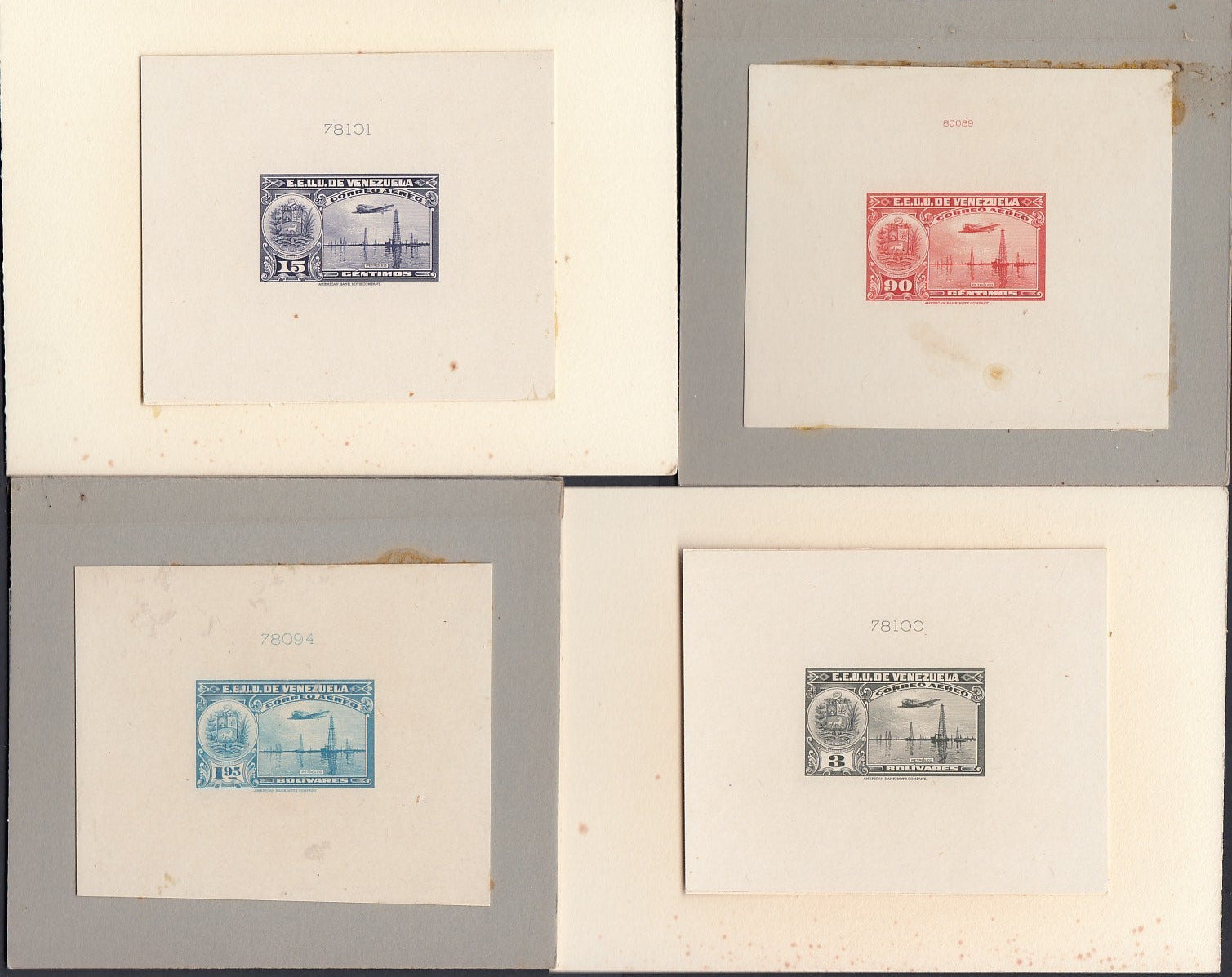 Venezuela 1938-39 Airmail Die Proofs x 4. Scott C84, C96, C103 & C109 var