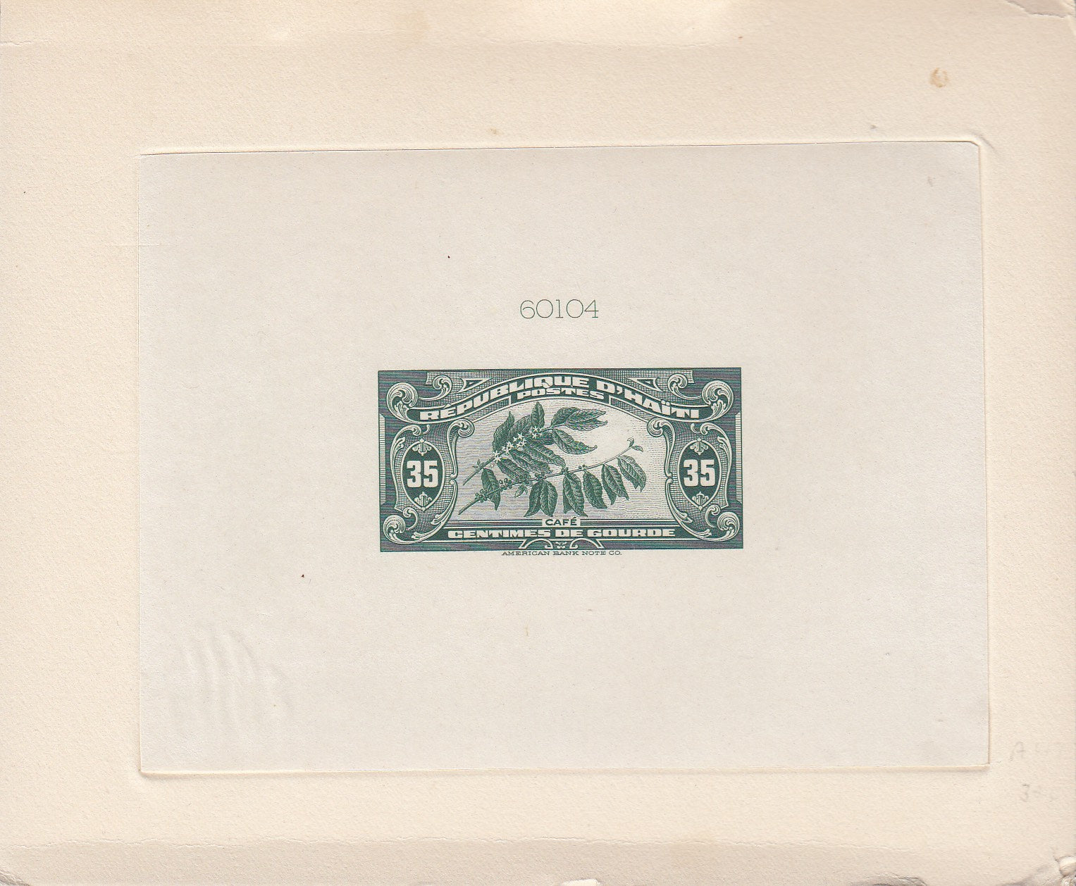 Haiti 1928 35c Deep Green Coffee Beans Sunken Die Proof. Scott 320 var