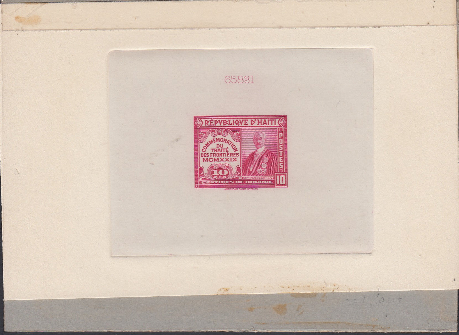 Haiti 1929 10c Carmine Louis Borno Sunken Die Proof. Scott 321 var