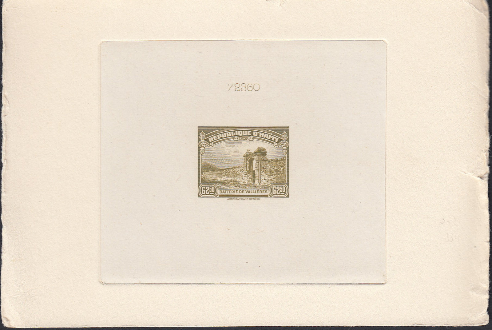 Haiti 1933-40 2.50g Olive Bister Sunken Die Proof. Scott 334 var