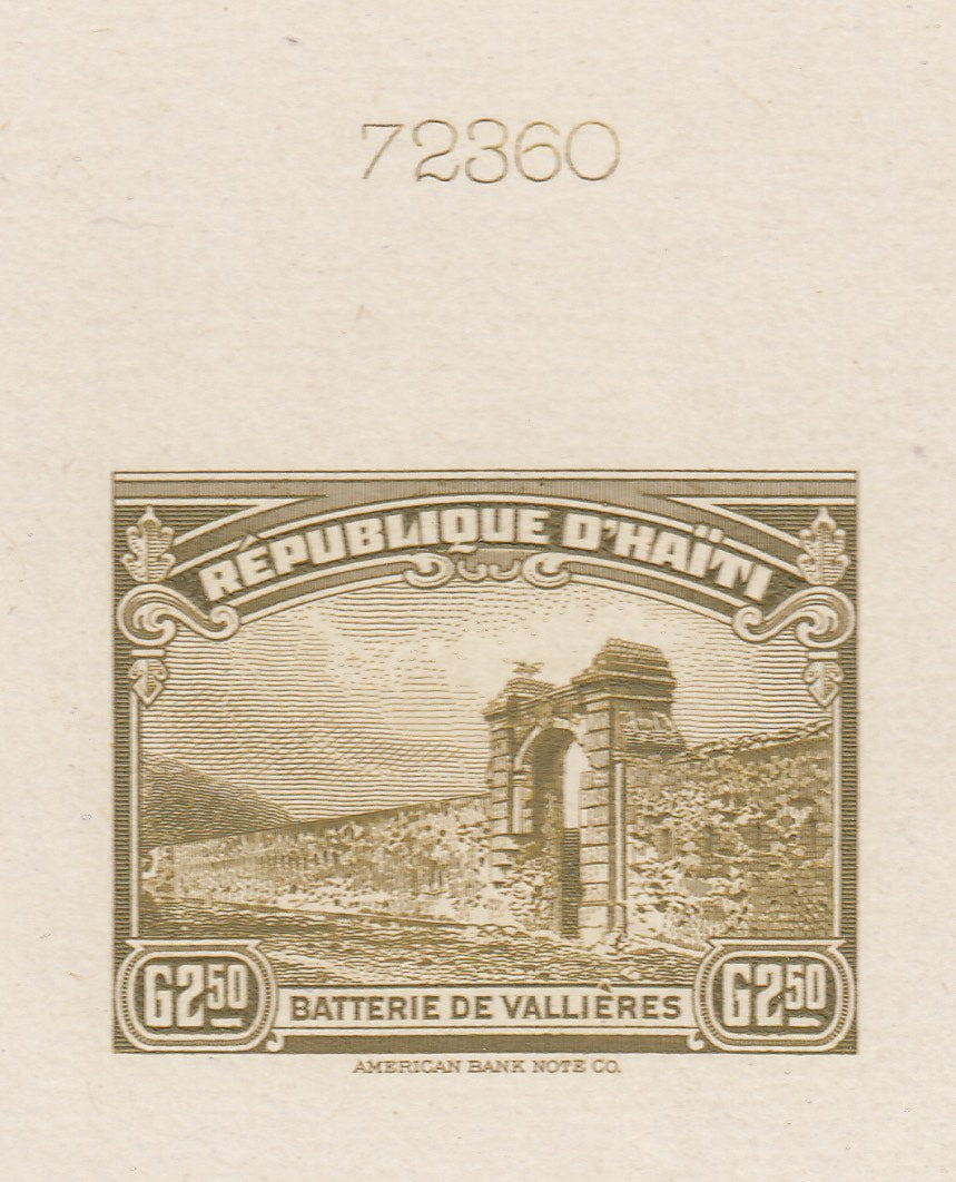 Haiti 1933-40 2.50g Olive Bister Sunken Die Proof. Scott 334 var