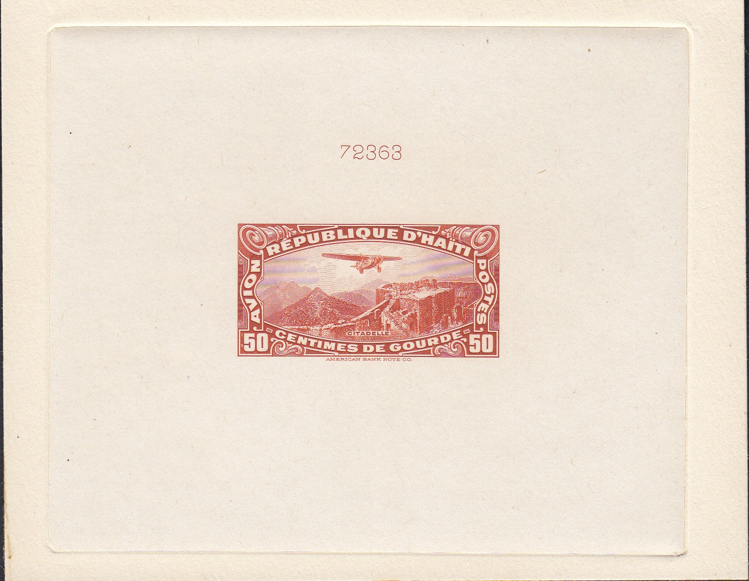 Haiti 1933-40 50c Orange Brown Airmail Sunken Die Proof. Scott C5 var
