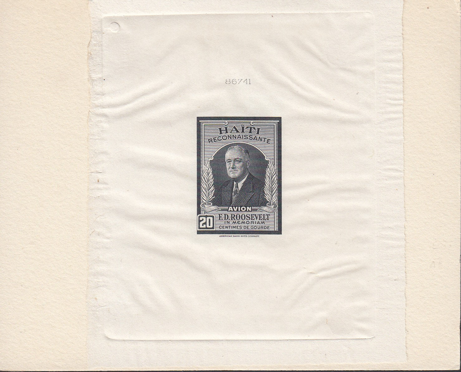 Haiti 1946 20c Black Franklin Roosevelt Airmail Sunken Die Proof. Scott C33 var