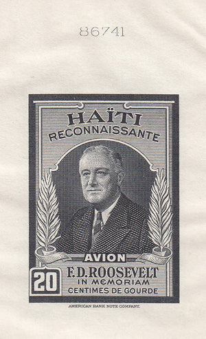 Haiti 1946 20c Black Franklin Roosevelt Airmail Sunken Die Proof. Scott C33 var