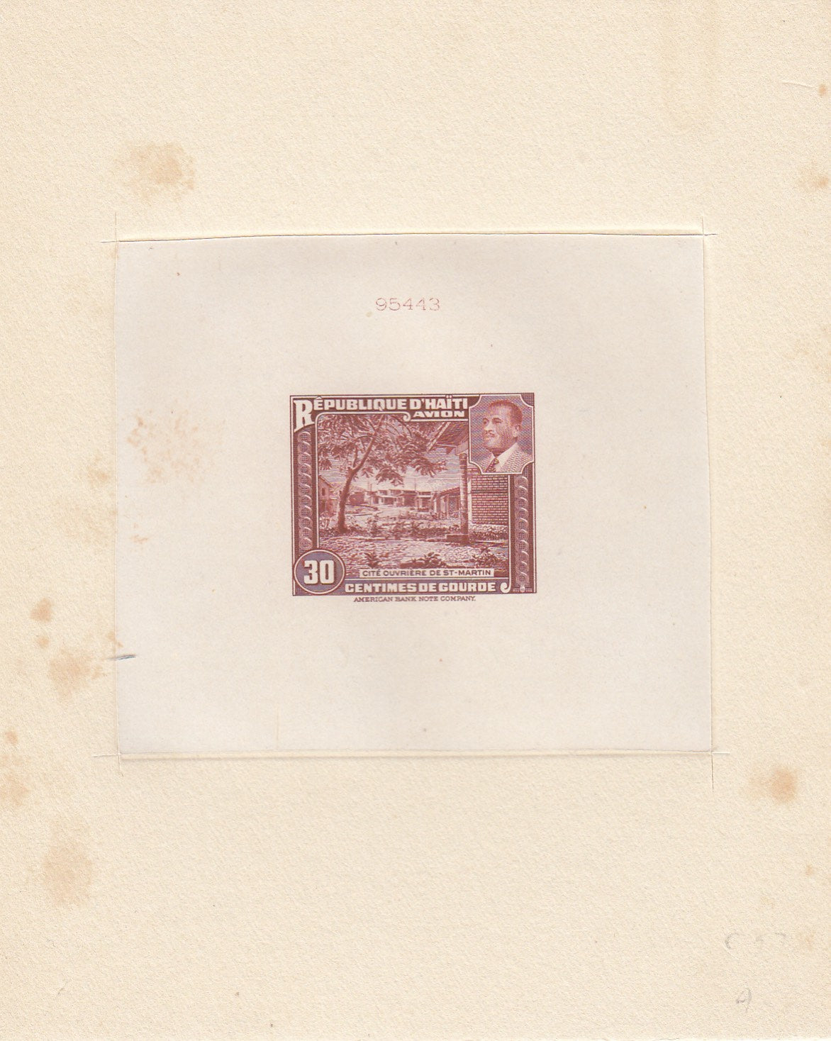 Haiti 1953 30c Red Brown Airmail Sunken Die Proof. Scott C58 var