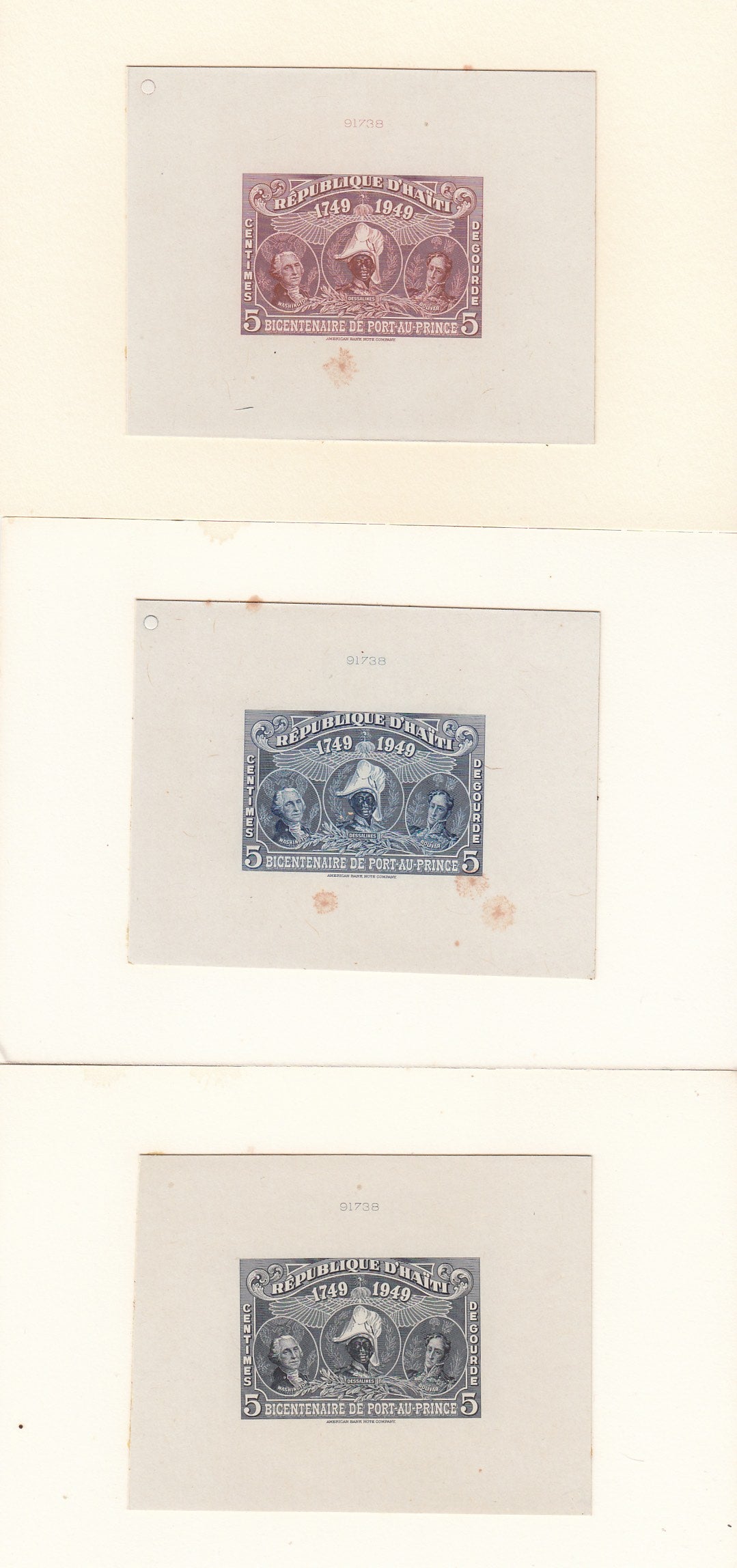 Haiti 1949 5c Bicentenary of Port-au-Prince Die Proofs x 3. Scott RA9, RA11 & RA14 var